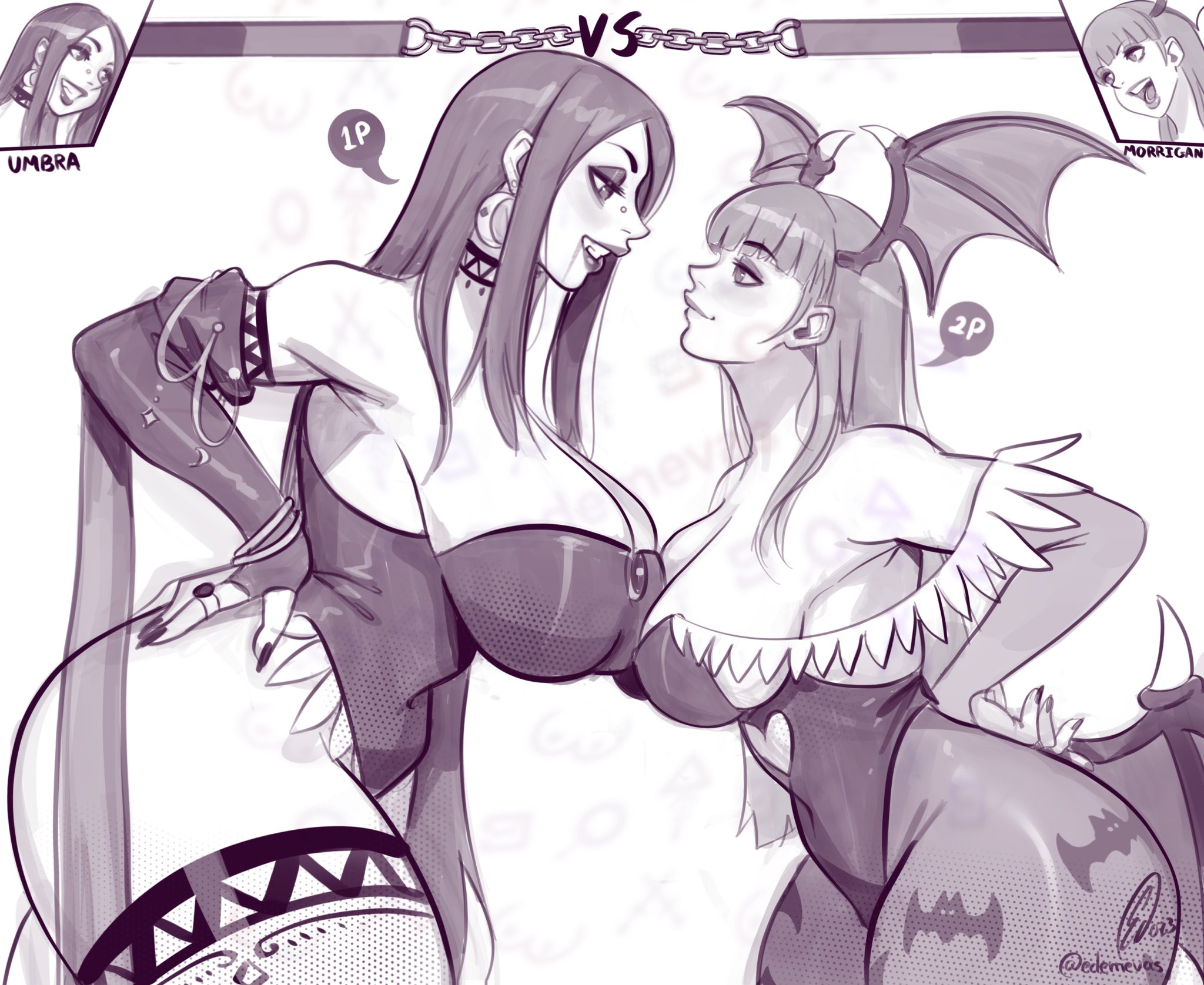 2girls, ass, bat wings, big ass, big breasts, bracelets, breasts, darkstalkers, edemevas, female, female only, hand on hip, head wings, huge breasts, large ass, large breasts, leotard, looking at each other, morrigan aensland, multiple females, multiple girls, original character, piercings, succubus, tights, umbra (edemevas), umbra (jinedem), wings