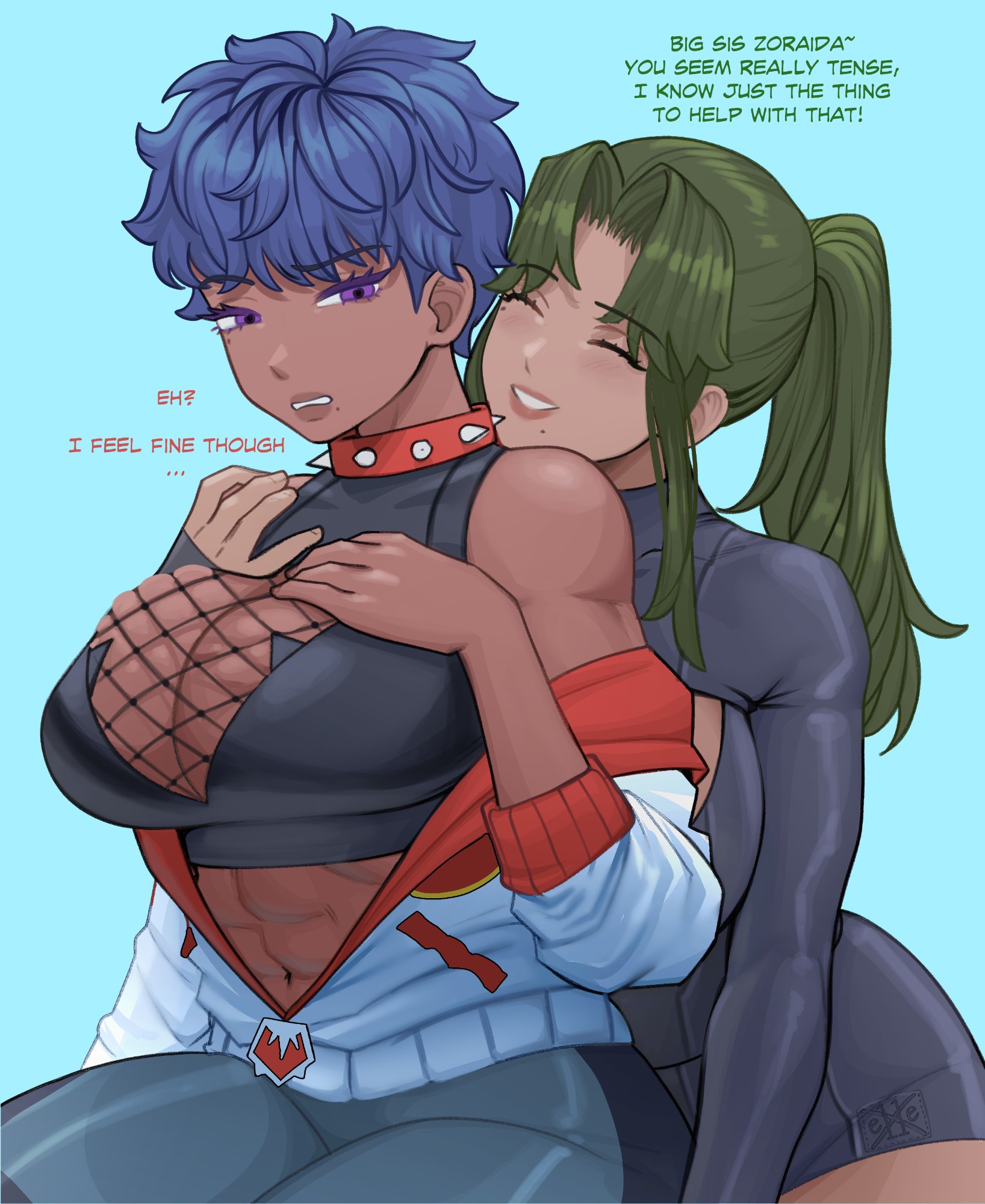 2girls, abs, art trade, blue background, blue hair, borrowed character, breast press, breasts, bursting breasts, choker, cleavage, crossover, dark skin, dark-skinned female, english text, female, fishnet topwear, green hair, hug from behind, large breasts, minidress, mole, mole under mouth, pixie cut, pokemon, pokemon oc, purple eyes, short hair, skindentation, spiked choker, tomboy, undressing, undressing another, violet (x elle), x e11e, yuri, zoraida (nyantcha)