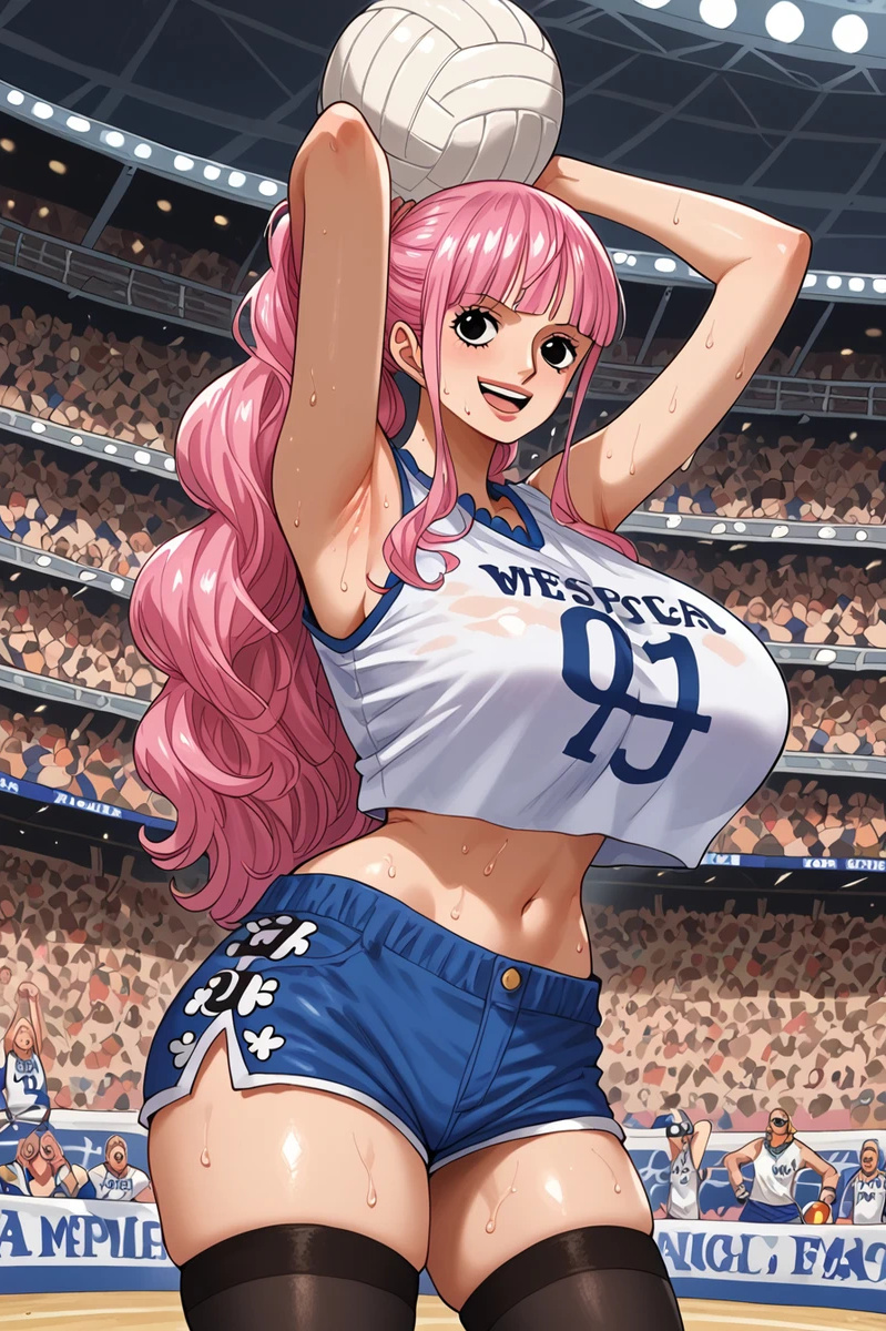 ai_generated ai_withyou athletic_female bare_thighs black_eyes football_uniform gigantic_breasts huge_breasts huge_thighs light-skinned_female light_skin long_hair massive_breasts one_piece perona pink_hair short_shorts shounen_jump solo_female squatting stockings sweat sweatdrop thick_thighs thighs twintails very_long_hair voluptuous voluptuous_female