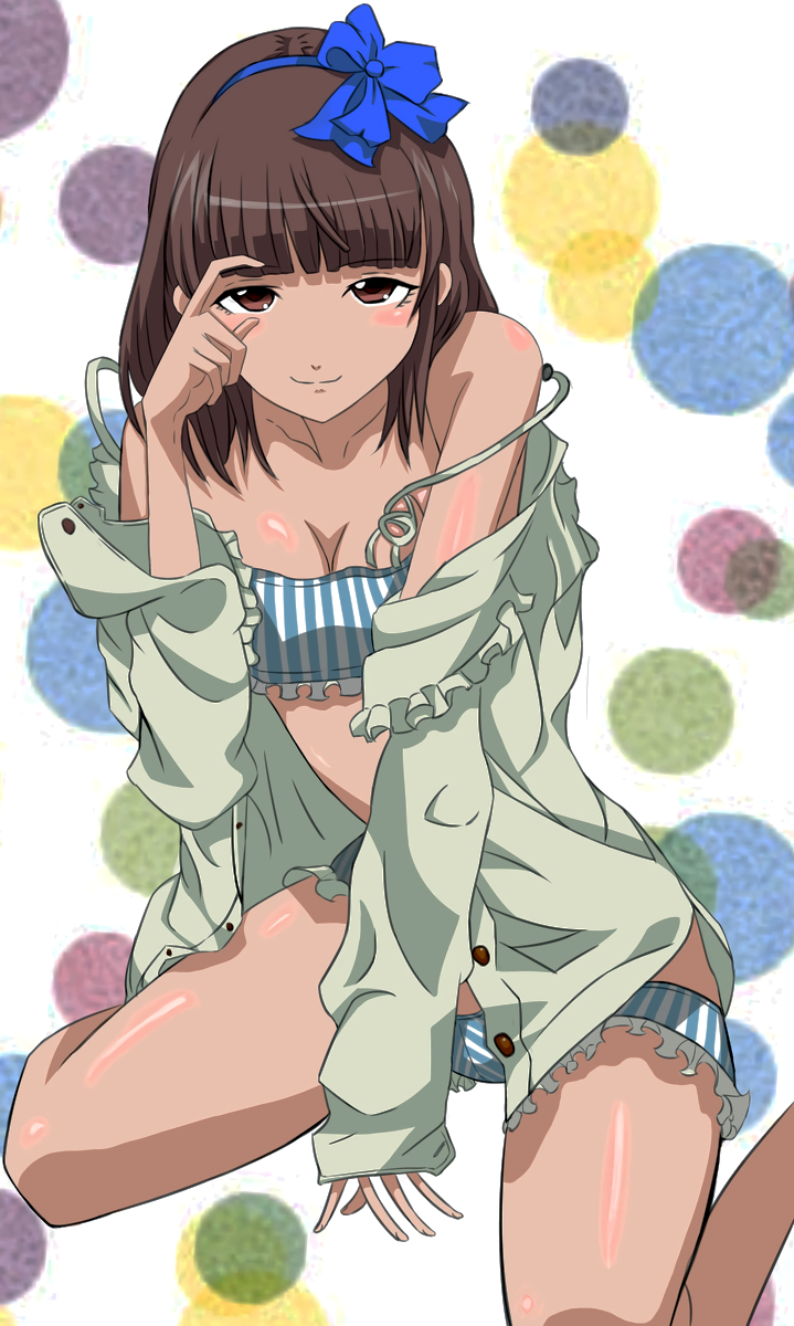 bangs bare_shoulders blue_bow blunt_bangs blush bow breasts brown_eyes brown_hair clavicle cleavage eyebrows_visible_through_hair female female frills hair_ornament hair_ribbon hairband hairbow high_resolution hime_cut ikuno_emiru long_hair looking_at_viewer medium_breasts nozoki_ana off_shoulder open_clothes open_shirt pantsu pixiv_id_3308822 ribbon ryu_mizuiro shimapan shirt short_hair simple_background sitting smile solo strap_slip striped underwear vertical_stripes very_high_resolution white_background