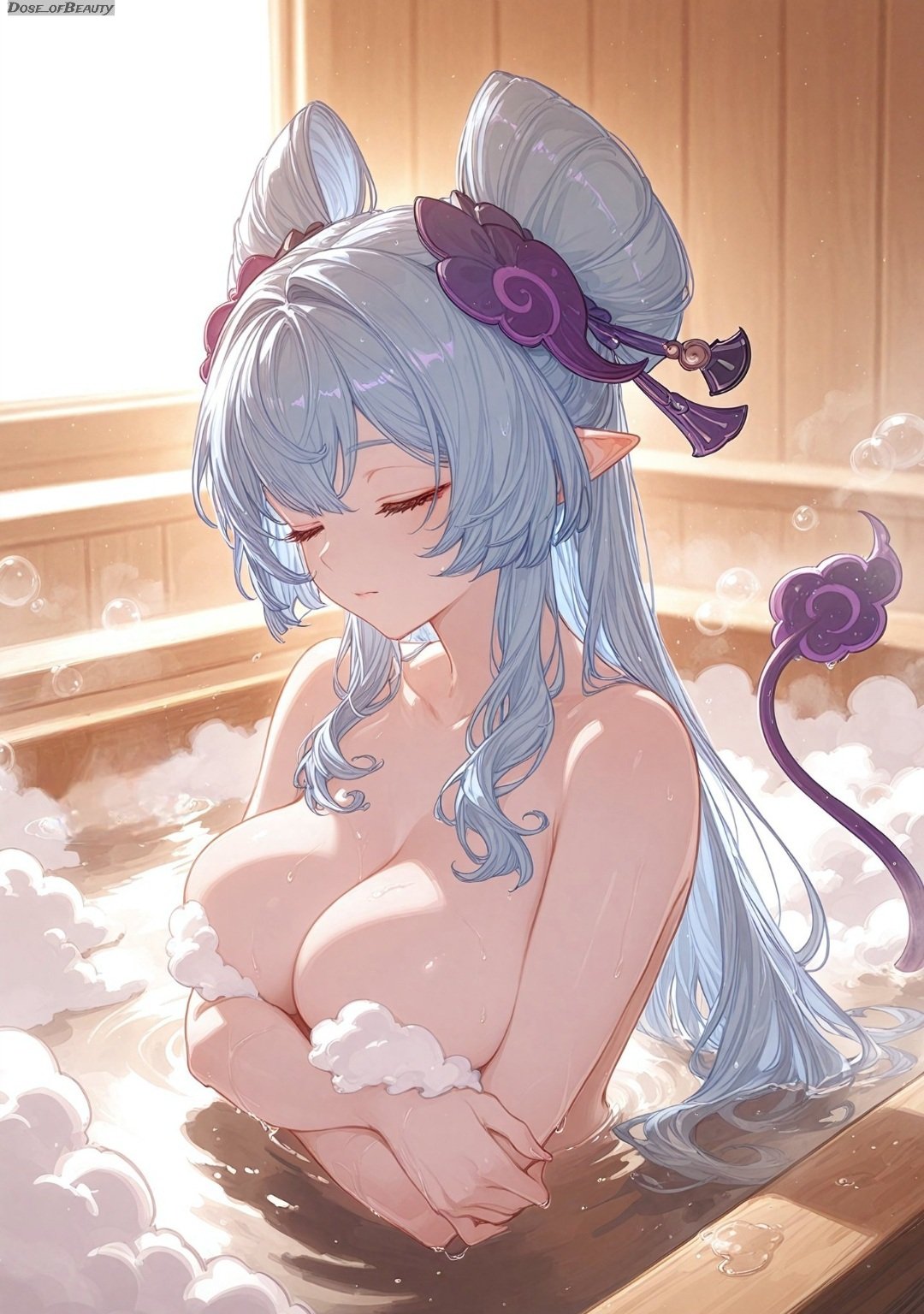 1girls, ai generated, bath, bathing, blue hair, breasts, dose ofbeauty, female, genshin impact, yumemizuki mizuki
