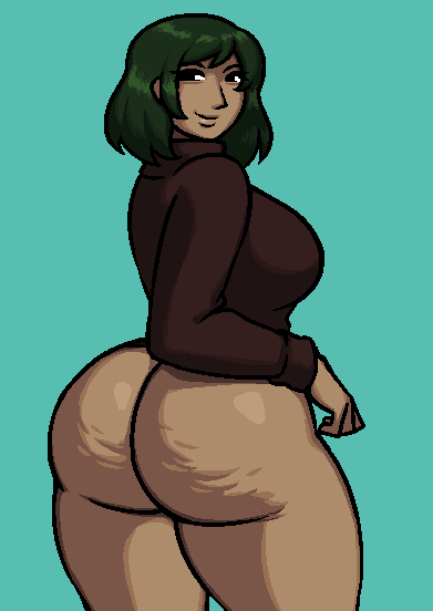 1girls ass ass_focus black_eyes breasts cave_story cellulite dark-skinned_female green_hair large_breasts mature_female momorin_sakamoto royalmilk20 smile sweater