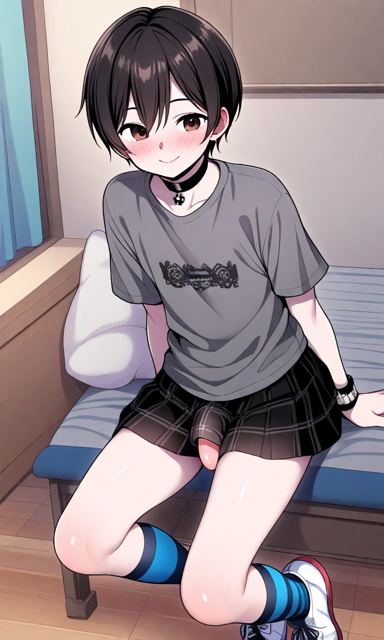 ai_generated black_hair black_skirt blush brown_eyes choker dick femboy medium_penis penis shoes skirt smile smiley_face staspivo