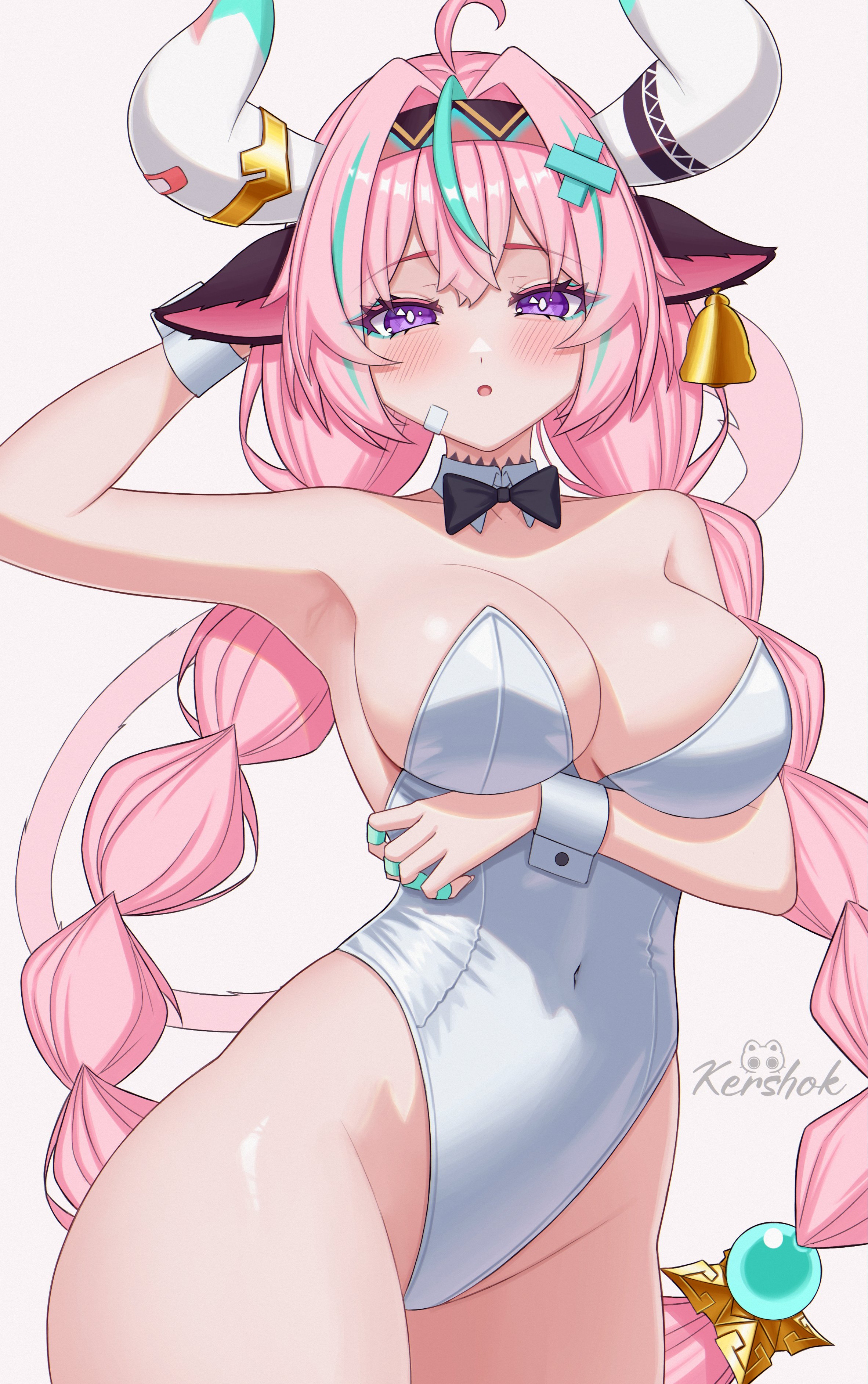 cow girl, female, female only, genshin impact, horns, kershok, leotard, thick, thick thighs, varesa (genshin impact)