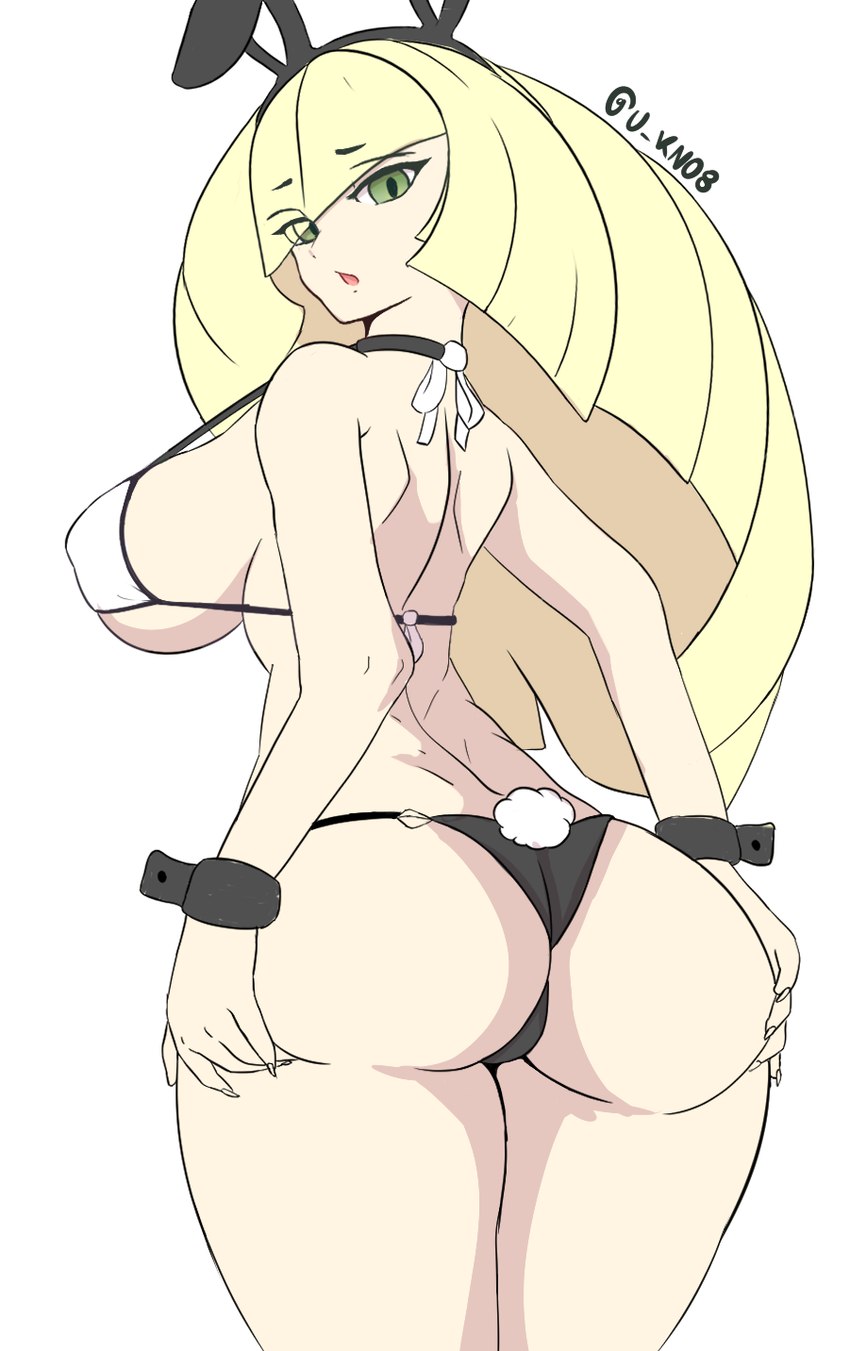 aether foundation, back view, bunnysuit, female, game freak, light skin, light-skinned female, lusamine (pokemon), milf, nintendo, pokemon