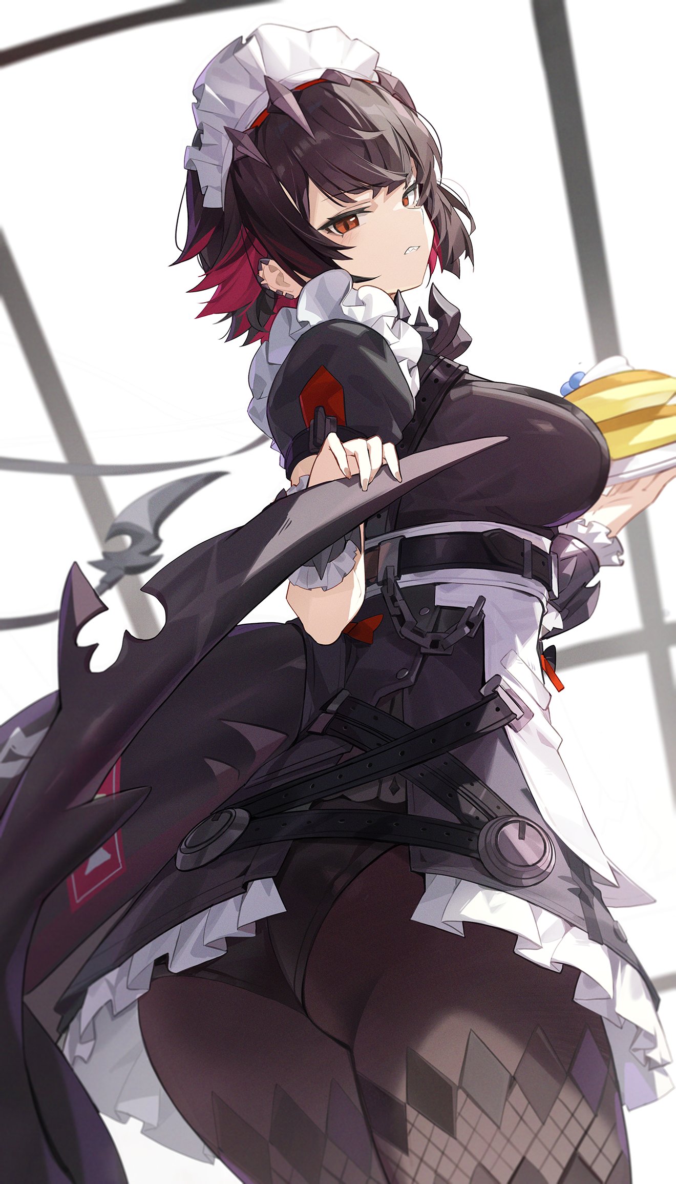 1girls, ass, black hair, black pantyhose, clenched teeth, closed mouth, colored inner hair, earrings, ellen joe, female, female only, fingernails, fins, fish tail, from behind, goomrrat, highres, indoors, jewelry, looking at viewer, looking back, maid, maid headdress, multicolored hair, pantyhose, red eyes, red hair, shark tail, short hair, sidelocks, solo, standing, tail, teeth, two-tone hair, zenless zone zero