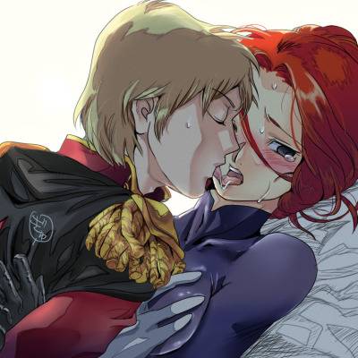 1girls 2010 blonde_hair breasts char_aznable female gundam human kissing kycilia_zabi large_breasts light-skinned_female light_skin male mature mature_woman mobile_suit_gundam red_hair sakata3 short_hair tied_hair tongue uniform