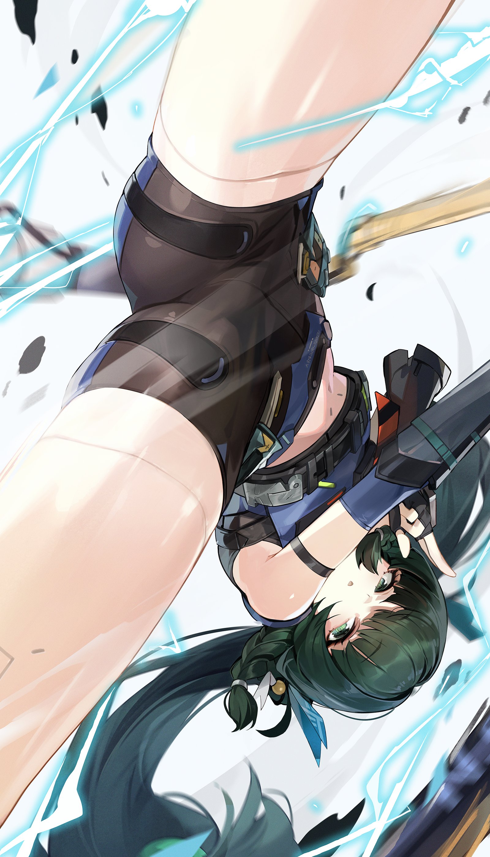 1girls, absurdres, android, armpit crease, bare shoulders, black gloves, black shorts, braid, commentary request, crop top, electricity, female, female only, fingerless gloves, gloves, goomrrat, green eyes, green hair, hair ornament, highres, long hair, looking at viewer, midriff, open mouth, police, police uniform, qingyi (zenless zone zero), short shorts, shorts, side braids, solo, sphere hair ornament, spread legs, twintails, upside-down, zenless zone zero