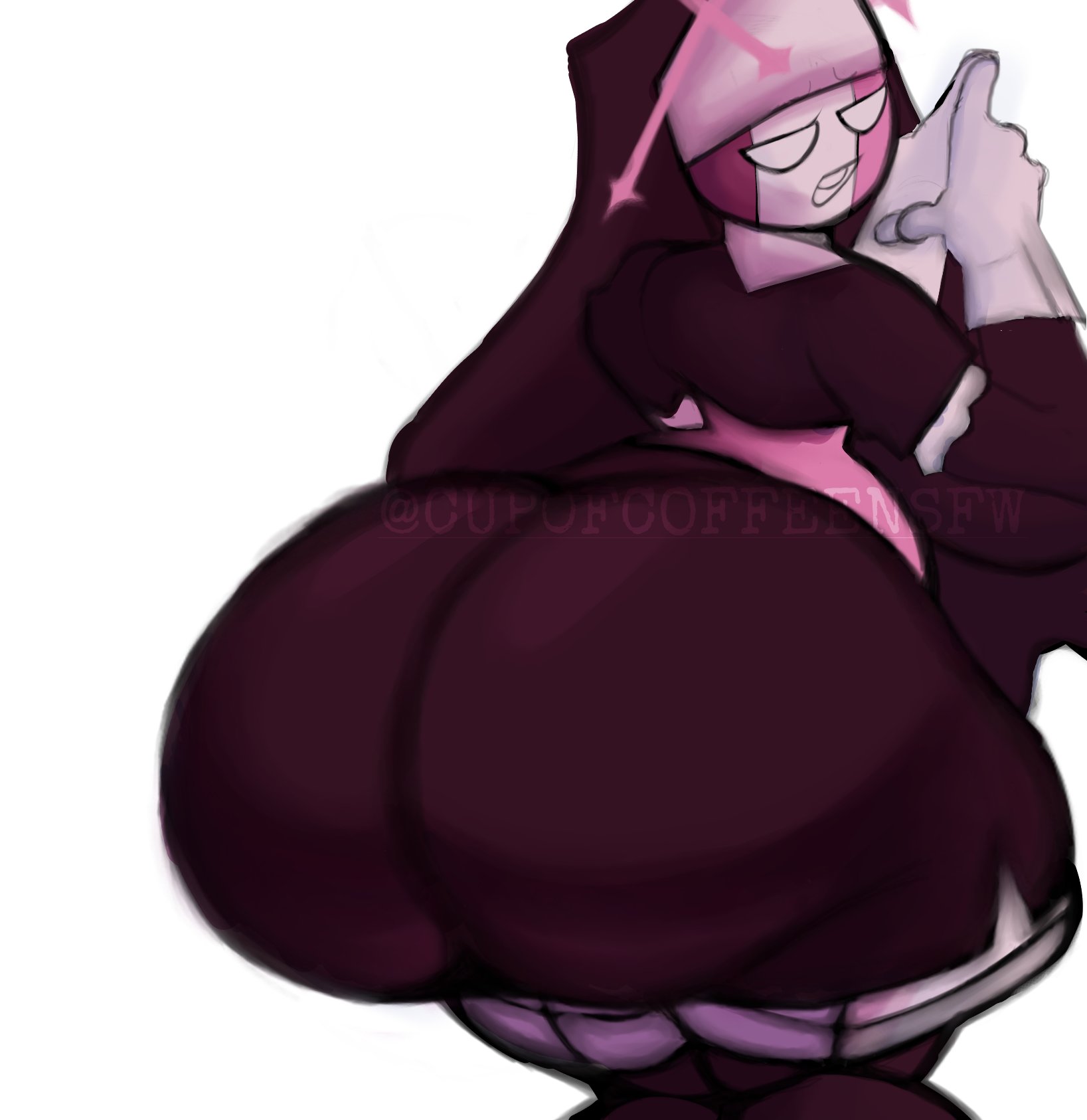1girls, ass, ass focus, big ass, bubble ass, bubble butt, clothing, cup0fcoffeensfw, fat ass, friday night funkin, friday night funkin mod, from behind, huge ass, mid fight masses, nun, nun hat, nun outfit, pink body, praying, sarvente (dokki.doodlez), thick thighs, thighhighs, thighs, white eyes