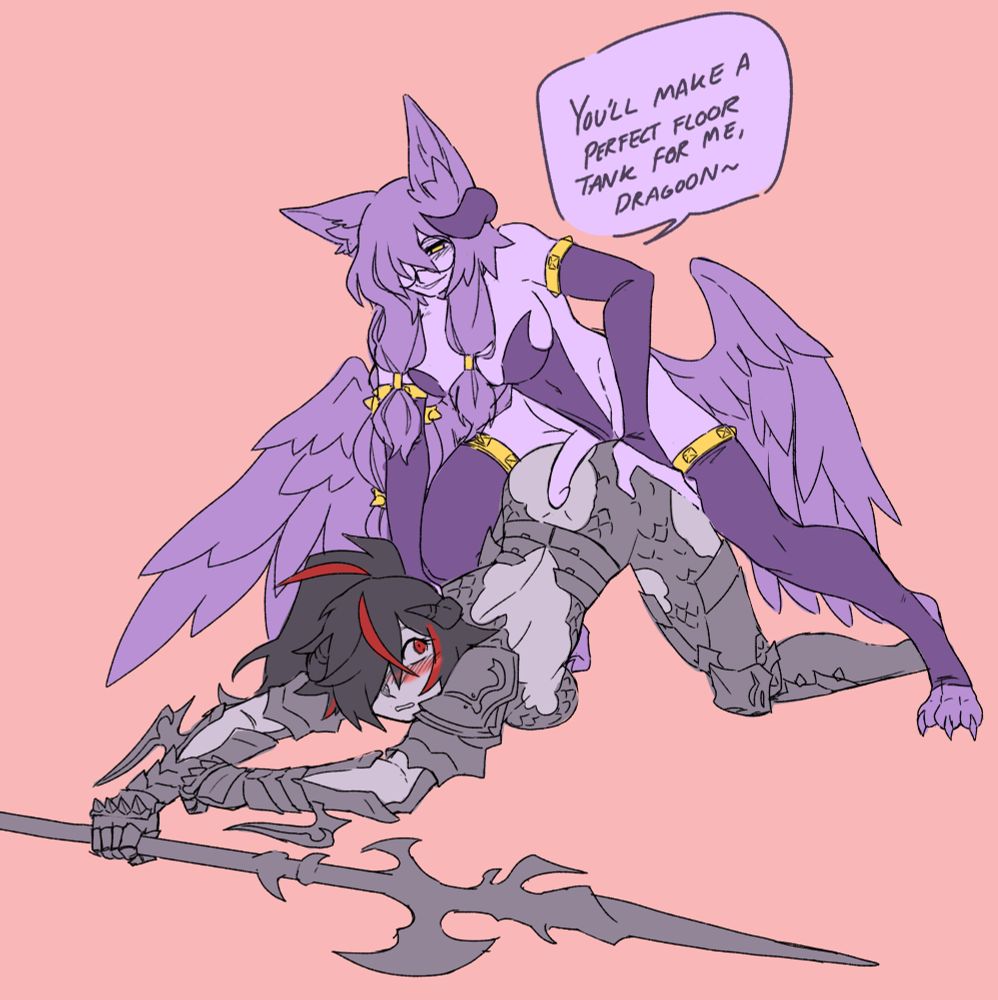 arm warmers, armor, black hair, cerezafaewitchvt, dragon girl, dragoon, final fantasy xiv, fox ears, fox girl, futa on female, glasses, halbard, horns, kyllier, leotard, monster girl, ponytail female, purple hair, red highlights, thighhighs, vtuber, wings