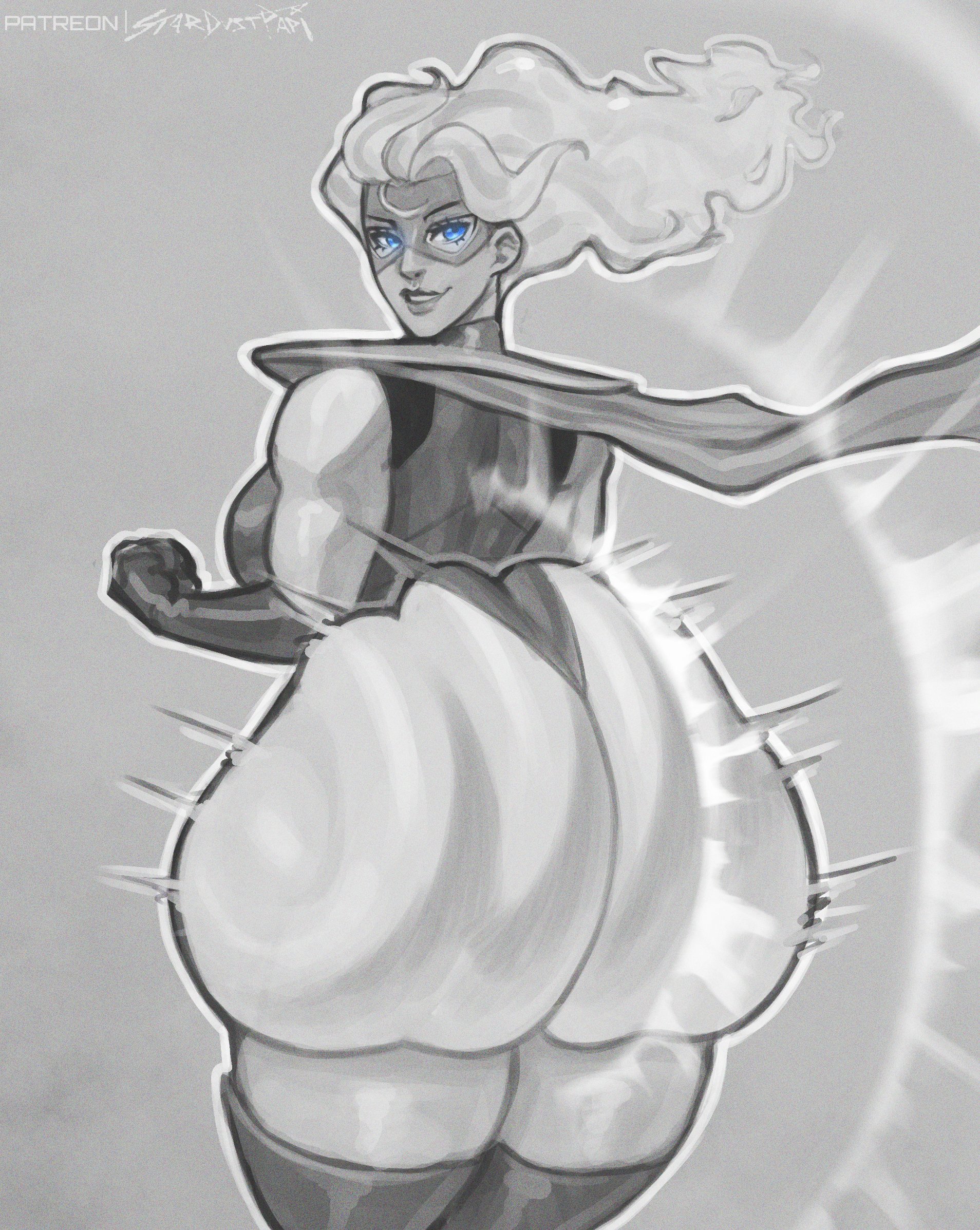 ass, ass body, back view, blonde blazer, blue eyes, breasts, clapping cheeks, dispatch (game), female, female only, gigantic ass, hair, huge ass, human, ignantastro, lips, looking at viewer, looking back, looking back at viewer, original, original character, solo, solo female, standing, stardustpapi, superheroine, twerking, wide hips