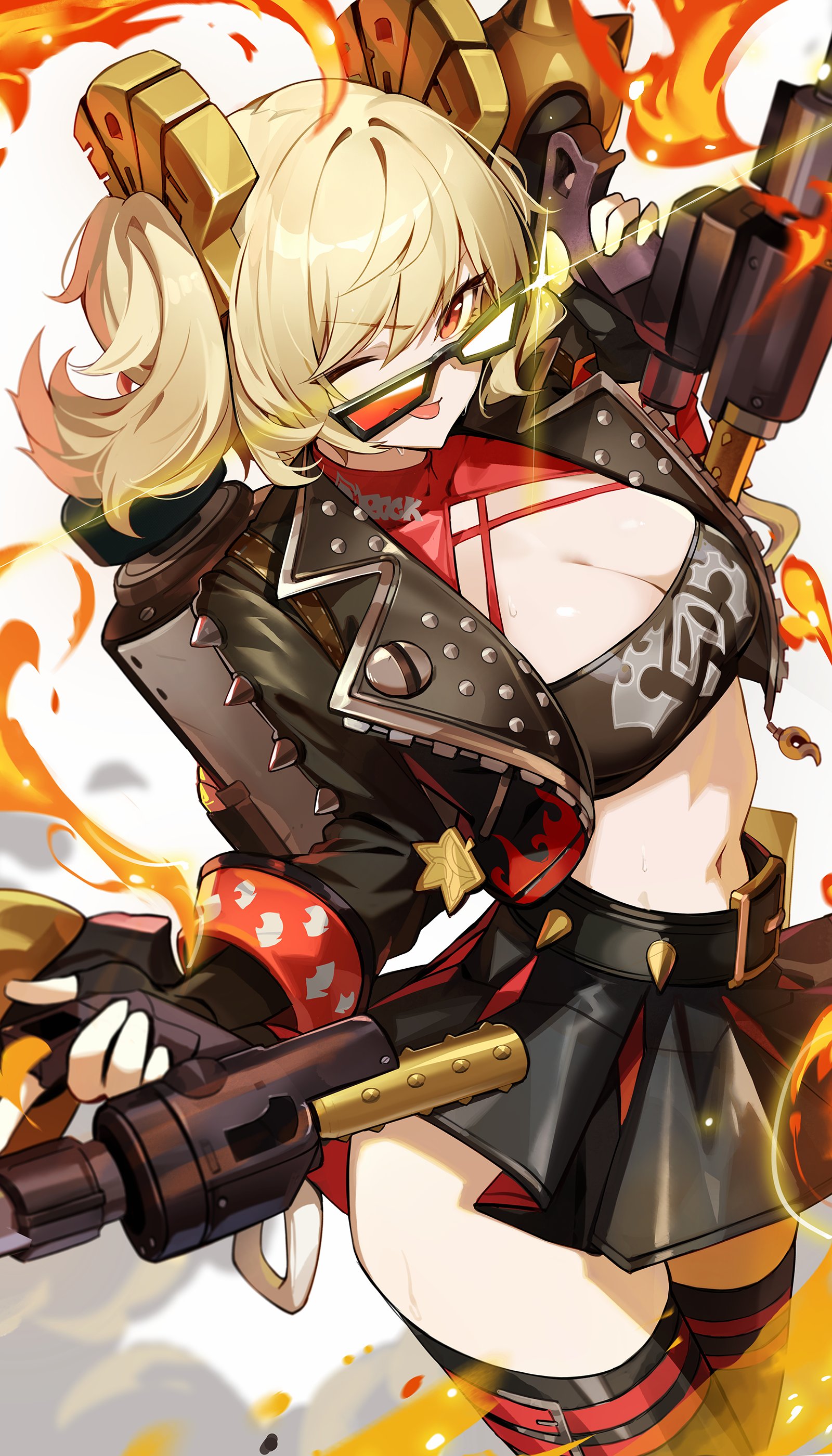 1girls, absurdres, big breasts, black gloves, black jacket, black skirt, black thighhighs, blonde hair, breasts, burnice white, cleavage, commentary request, female, female only, fingerless gloves, fire, flamethrower, gloves, goomrrat, highres, holding flamethrower, holding weapon, jacket, large breasts, long hair, looking at viewer, looking over eyewear, looking over sunglasses, one eye closed, open clothes, open jacket, open mouth, red eyes, red-tinted eyewear, sidelocks, skirt, smile, solo, sunglasses, thighhighs, tinted eyewear, zenless zone zero