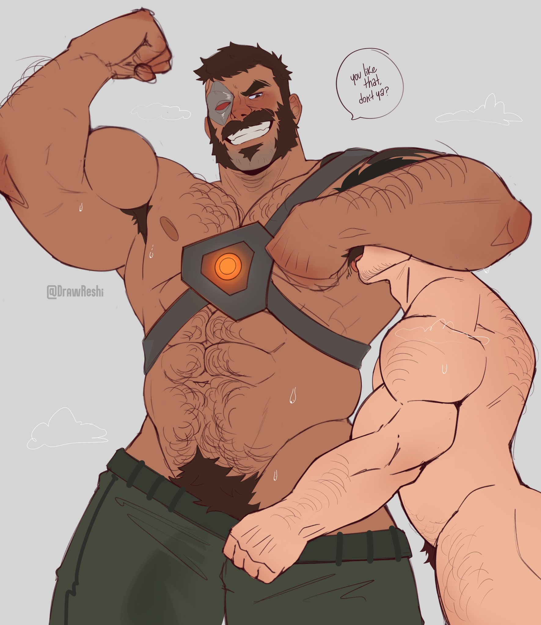 bara, beard, cybernetic eye, drawreshi, gay, hairy armpits, kano (mortal kombat), male, male only, mortal kombat, mortal kombat 11, muscular, muscular male, netherrealm studios, size difference, sniffing