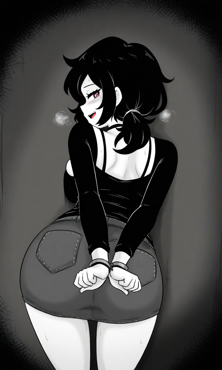 arms behind back, ashley graves, ass, ass focus, ass up, black choker, black hair, blush, breasts, choker, goth, goth girl, hand on ass, open mouth, pink hair, silly, smile, smiling, smiling at viewer, sweating, sweaty, sweaty body, the coffin of andy and leyley, tie, tied, tied hands, tied up