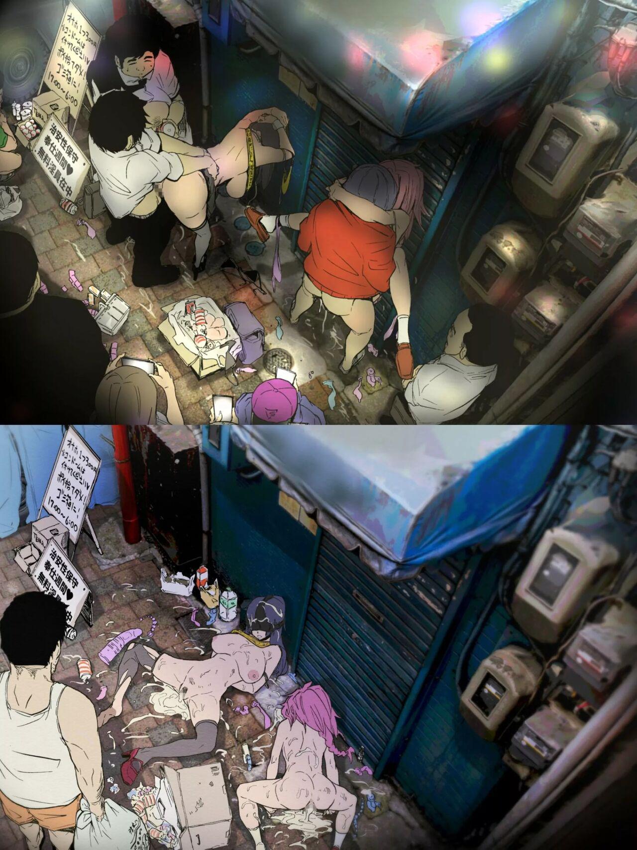 after rape, after sex, anal beads, artist request, broken rape victim, carrying position, cum, cum in pussy, cum inside, cum overflow, dildo, doggy style, fucked unconscious, gangbang, gangrape, hands behind back, heels, male, original character, original characters, panties aside, panties on head, phone camera, pink hair, prostitution, purple hair, rape, skirt, thighhighs, thighs, torn clothes, torn stockings, trash, trash bag, two girls, used, used condom