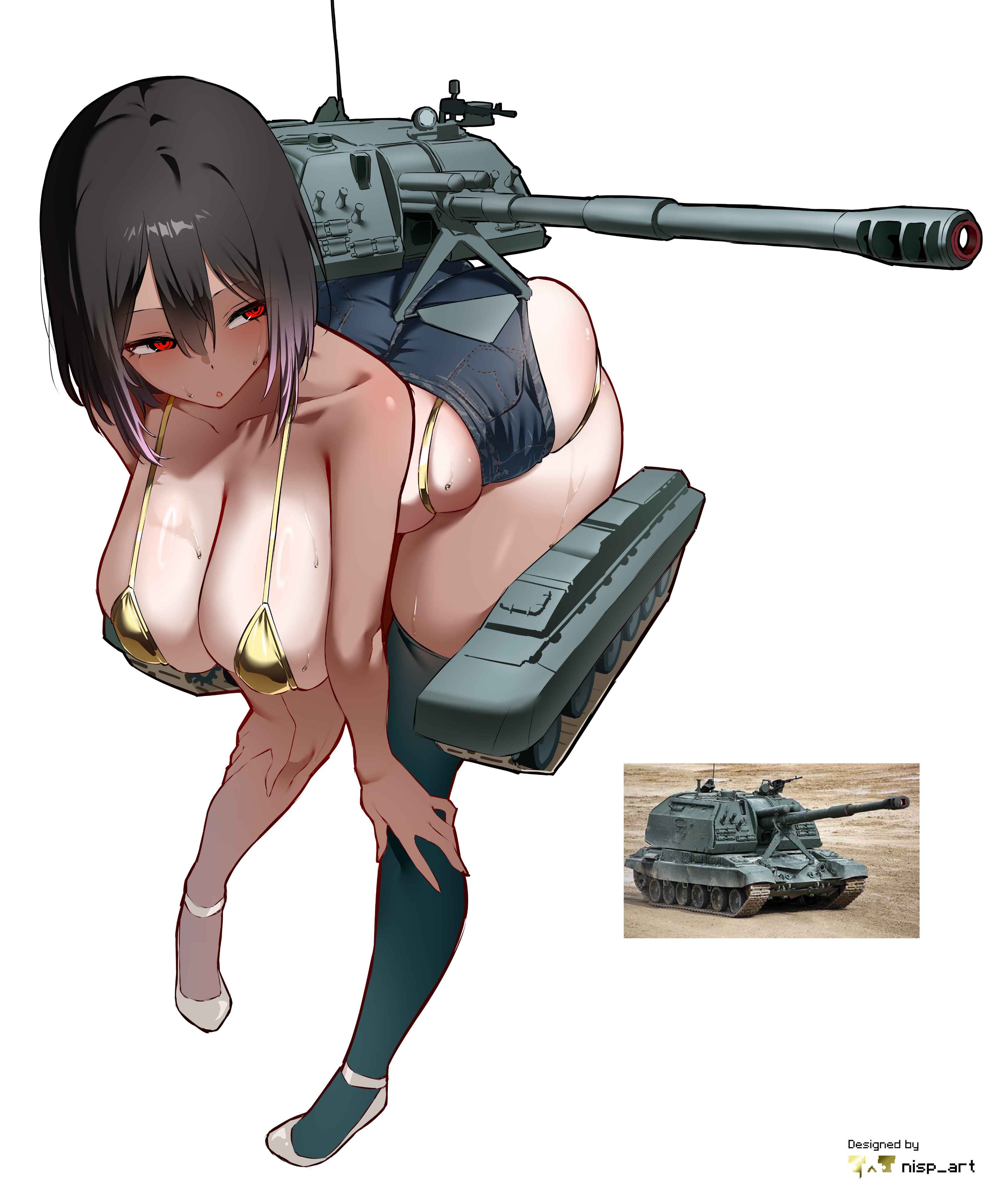 bent over, brown hair, gold bikini, hands on knees, high heels, humanization, humanized, jean shorts, large breasts, multicolored hair, nisp art, one stocking, personification, red eyes, reference image, short hair, simple background, sweat, tank, tank barrel, weapon, white background