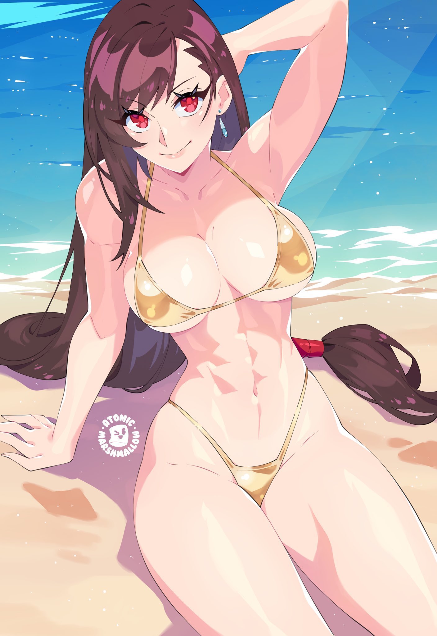 1girls, atomicmarshmallow, bikini, breasts, female, female focus, female only, final fantasy, gold bikini, large breasts, light skin, light-skinned female, solo, swimsuit, thick thighs, thighs, tifa lockhart, wide hips