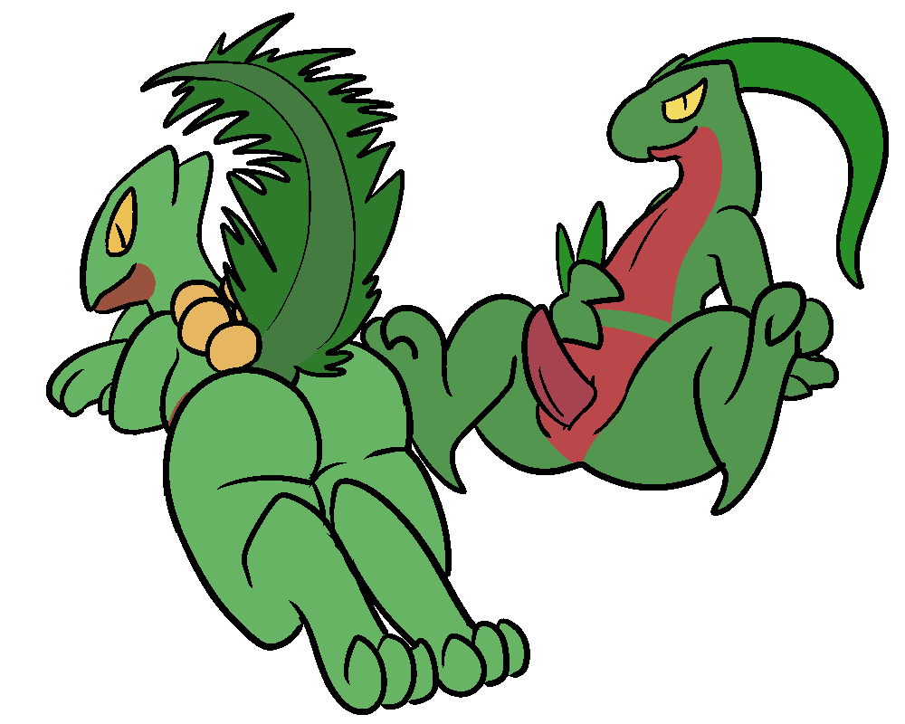 2016 aliasing ambiguous_gender anthro duo erection grovyle leaf lying male nintendo nude penis pokemon pokemon_(species) reptile scalie sceptile simple_background sitting smile trout_(artist) video_games