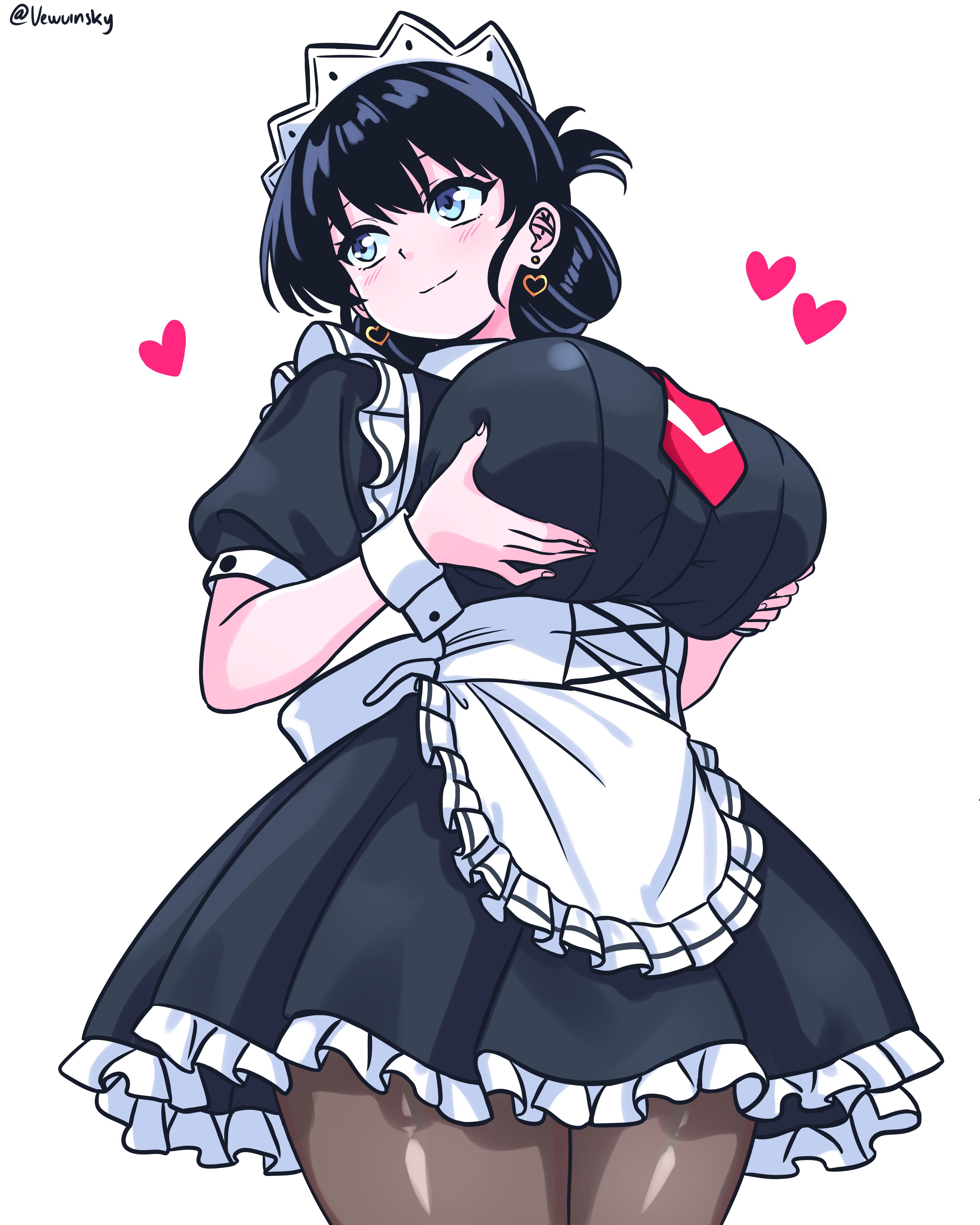 1girls, absurdres, apron, arato nagi, artist name, black dress, black hair, blue eyes, breasts, closed mouth, commentary, dress, earrings, english commentary, female, female only, grabbing own breast, happy, heart, heart earrings, highres, jewelry, large breasts, light blush, maid, maid apron, maid headdress, ruri no houseki, short hair, smile, solo, twitter username, vewuinsky
