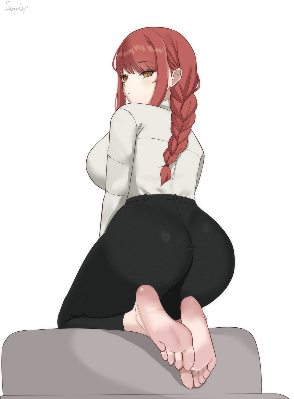 ass, back view, backside, big breasts, booty, braided hair, breasts, butt, chainsaw man, curves, curvy, curvy female, cute, cute face, feet, feet fetish, female, female focus, female only, foot fetish, fully clothed, looking at viewer, makima (chainsaw man), no socks, pants, red hair, round ass, senpaisif, sexy, sexy body, shirt, showing feet, sideboob, soles, soles female, soles fetish, solo, solo female, solo focus, yellow eyes