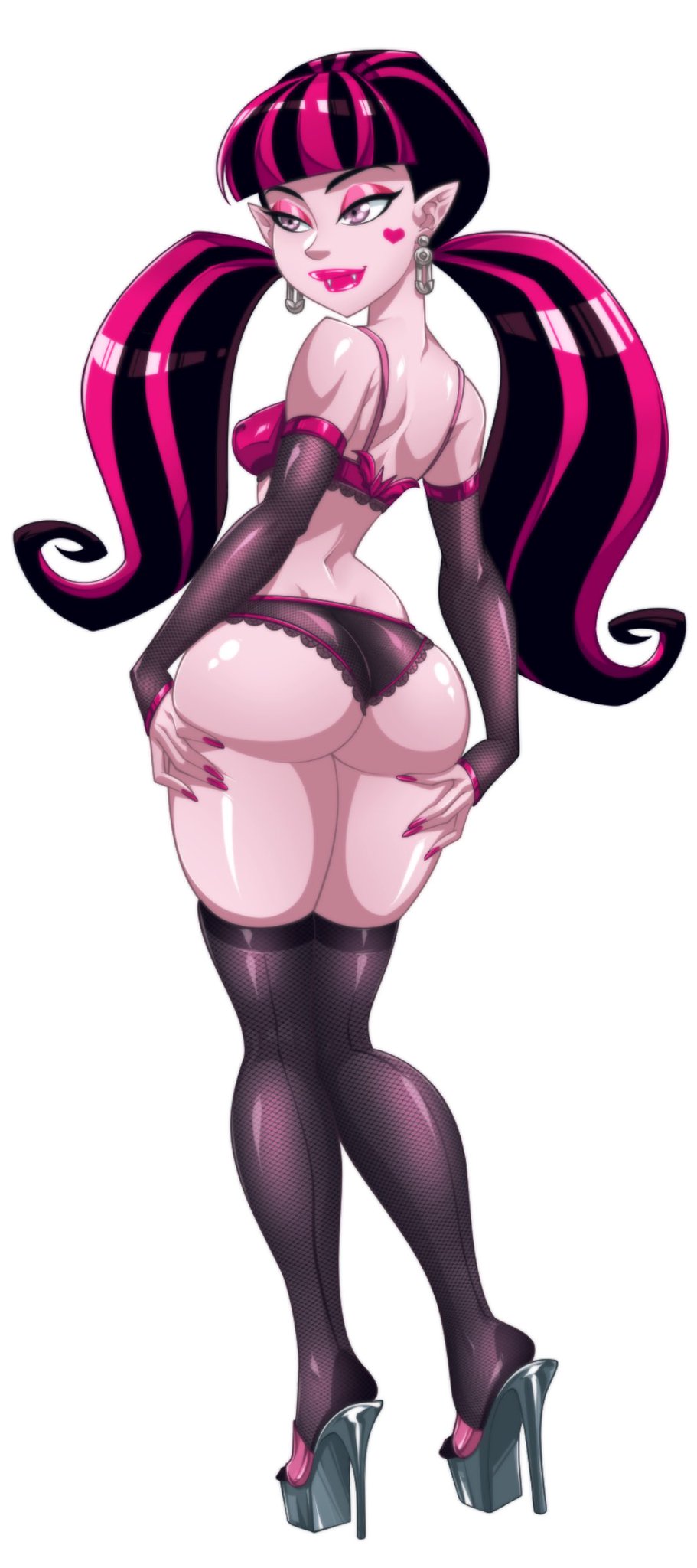 1girls, ass, ass crack, ass focus, butt focus, draculaura, eyeshadow, fangs, female focus, female only, fishnet gloves, fishnet legwear, fishnets, holding ass, holding butt, lingerie, lipstick, monster girl, monster high, multicolored hair, omiiverse, pink nails, pink skin, pointy ears, side glance, sideboob, underwear, vampire girl, voluptuous, voluptuous female