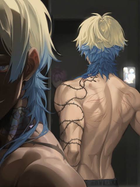 2boys, alexis ness, back, back view, bite, bite mark, bite marks, bkblaise, blonde hair, blue hair, blue lock, boys love, dyed hair, good artwork, kaiser michael, male focus, michael kaiser, mlm, muscular, muscular male, scratches, sexy male, tattoo, yaoi