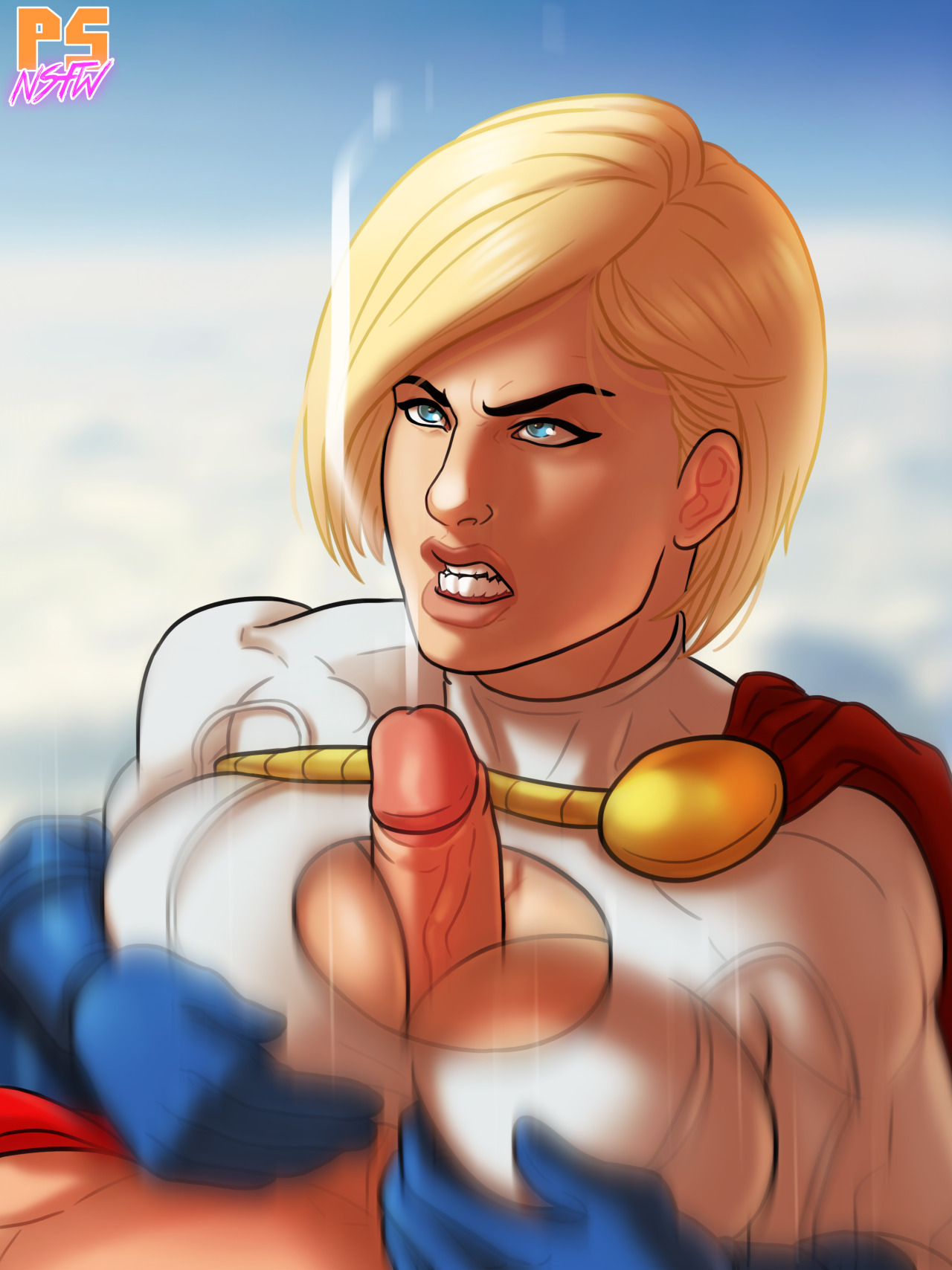 1boy, 1girls, blonde hair, blue eyes, breasts, cape, clark kent, cleavage, cousins, cousins (lore), covered breasts, cum, cumshot, dc, dc comics, faceless male, female, gauntlets, gloves, huge breasts, incest, kal-el, kara zor-l, karen starr, large breasts, leotard, light skin, light-skinned male, lips, male, paizuri, penis, power girl, pumpkinsinclair, short hair, straight, superman, superman (clark kent), superman (series), tagme, teeth, veins, veiny, veiny penis