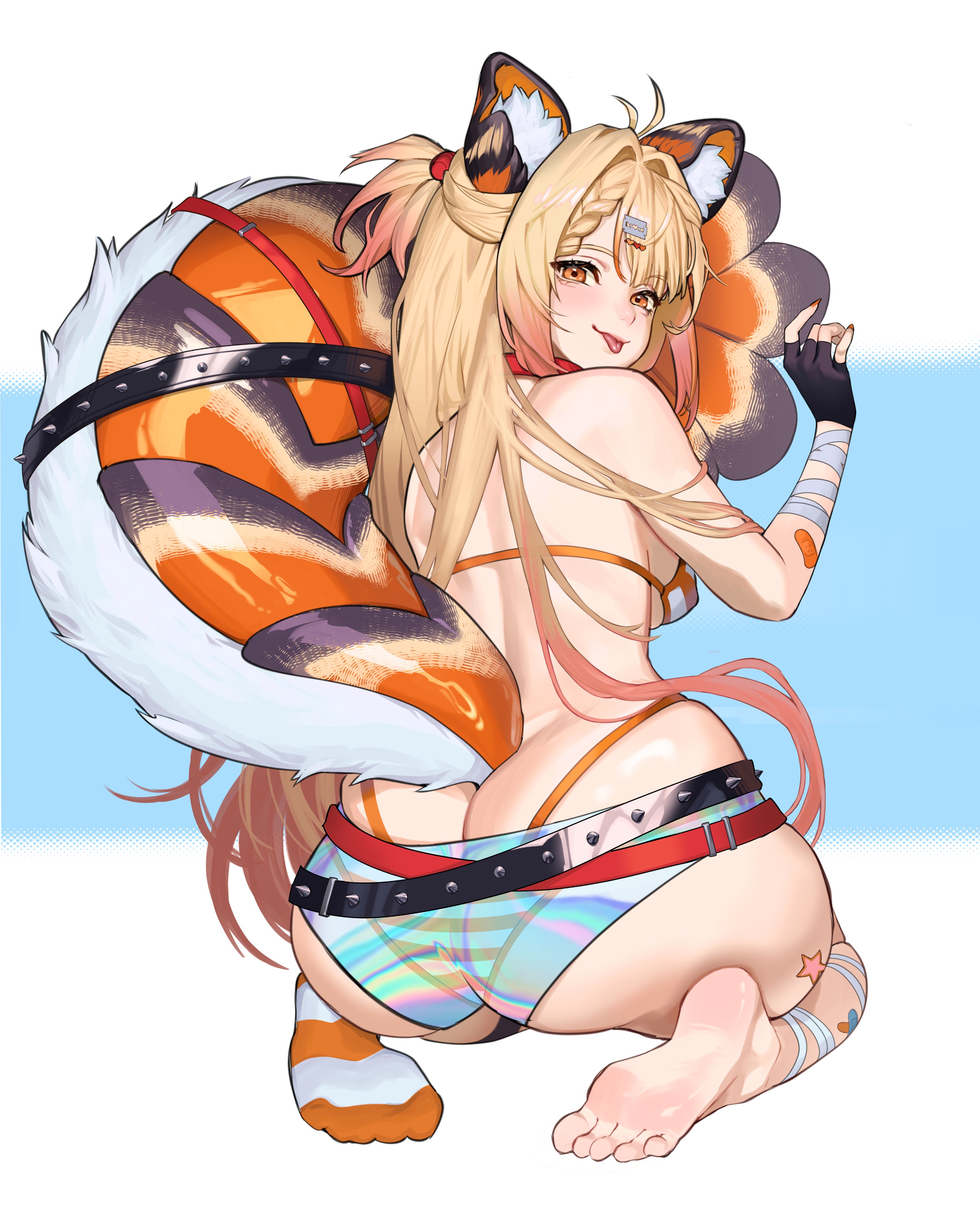 1girls, ass, back, big ass, blonde hair, booty, booty shorts, boshke, cat ears, ebiko (vtuber), fat ass, feet, female, indie virtual youtuber, large ass, short shorts, shorts, shrimp girl, shrimp tail, socks, soles, thick thighs, thighs, toes, virtual youtuber, vtuber