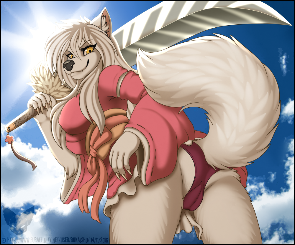 10s 2016 5_fingers anthro black_nose cameltoe canine clothed clothing day detailed_background eyelashes female hair long_hair mammal mark_haynes melee_weapon ohlding_weapon outside sky smile solo sun sword weapon white_hair wolf