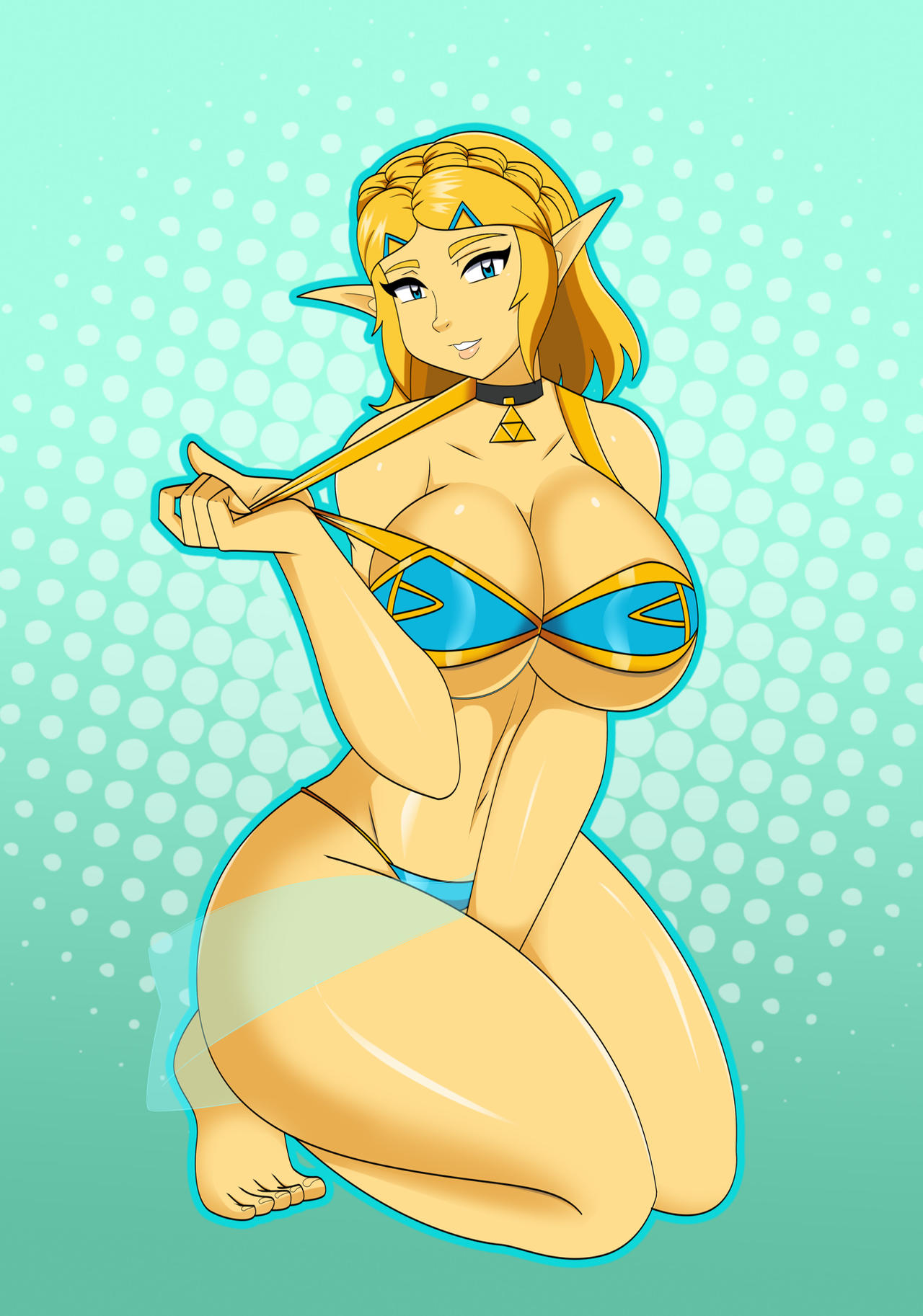 ass, bimbo, blonde hair, blue eyes, bra, bra strap, bra strap pull, breasts, breasts bigger than head, clothed, dlobo777, elf ears, huge ass, huge breasts, huge thighs, nintendo, nude, princess zelda, short hair, smile, swimsuit, tears of the kingdom, the legend of zelda, thick thighs, triforce, voluptuous, voluptuous female, zelda (tears of the kingdom)