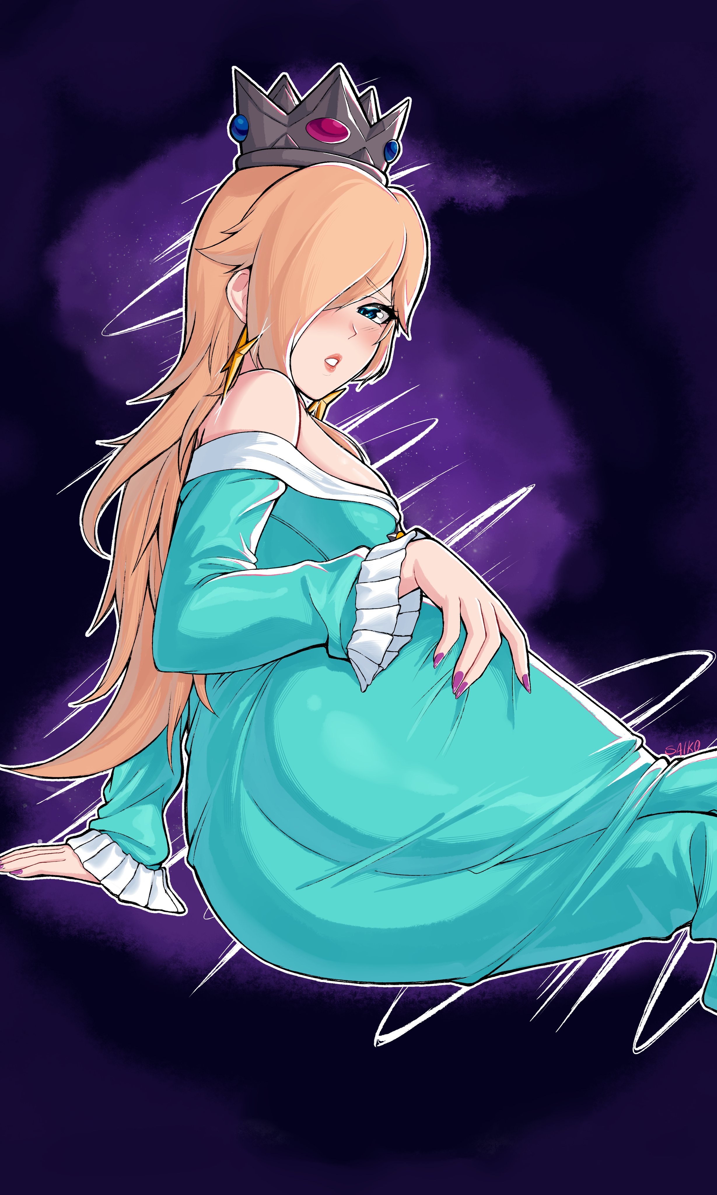 1girl, aqua dress, ass, bare shoulders, big ass, blonde hair, blue eyes, blush, breasts, crown, dress, earrings, female, female only, from behind, hair over one eye, jewelry, long hair, looking at viewer, looking back, mario (series), nail polish, nintendo, princess rosalina, saikoart1st, sitting, solo, super mario galaxy