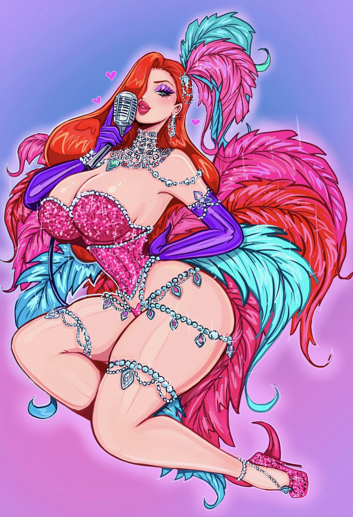 1girls, 2026, armwear, big lips, bimbo, bimbo lips, corset, ear piercing, earrings, elbow gloves, eyeshadow, female, female only, footwear, gloves, hair, hair ornament, hair over one eye, headwear, heart, hearts, heels, high heels, hips, holding object, jessica rabbit, jewerly, lips, mature, mature female, mature woman, microphone, platform heels, purple eyeshadow, purple gloves, red hair, red lips, red lipstick, revealing clothes, skimpy, skimpy clothes, solo, solo female, theartofmathew, thick lips, thick thighs, thigh strap, thighs, thin waist, thong, who framed roger rabbit, wide hips