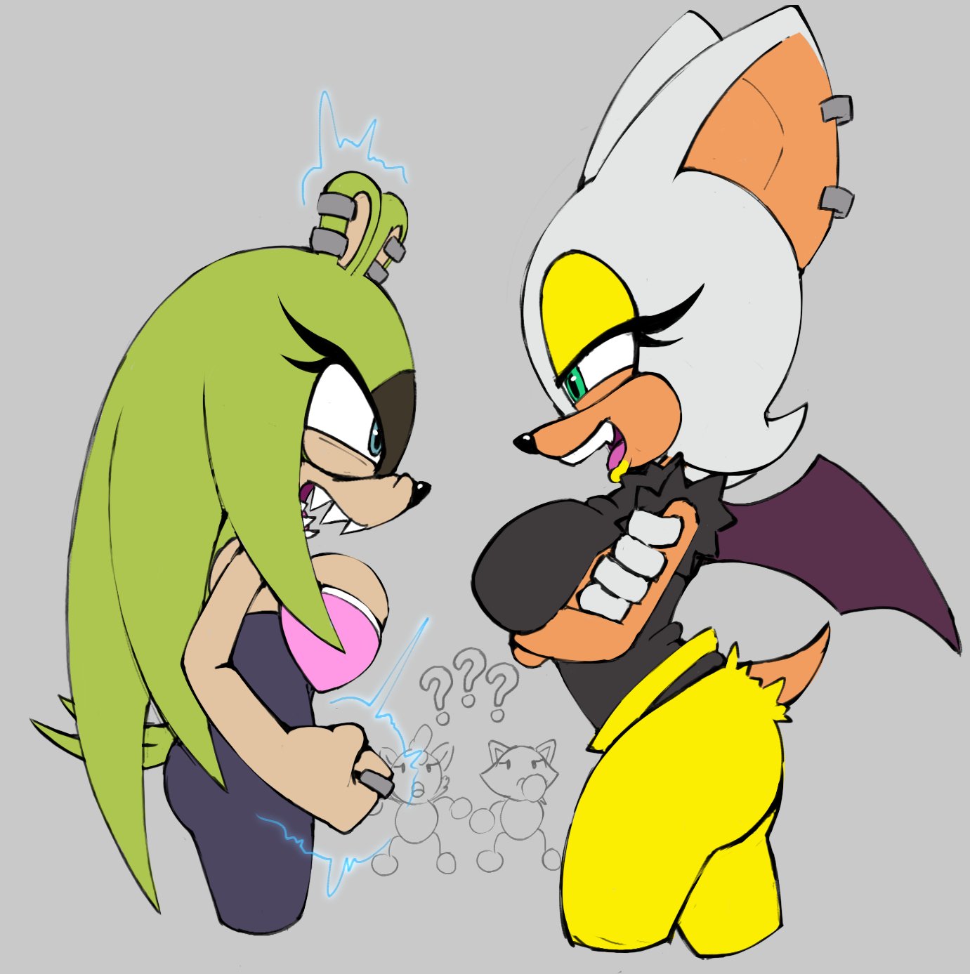 2d, 2d (artwork), 2d artwork, 2girls, arms under breasts, bat wings, big ass, big breasts, blue eyes, breasts, bubble ass, bubble butt, busty, busty female, crossed arms, curvy female, curvy figure, deliciouscake, ear piercing, electricity manipulation, eyeshadow, fangs, furious, gray background, green eyes, grey background, grey fur, lipstick, outfit swap, rouge the bat, rouge the bat (cosplay), sega, sharp teeth, size difference, smug face, sonic (series), sonic the hedgehog (idw), sonic the hedgehog (series), surge the tenrec, surge the tenrec (cosplay), twitter link, white fur, yellow eyeshadow, yellow lipstick