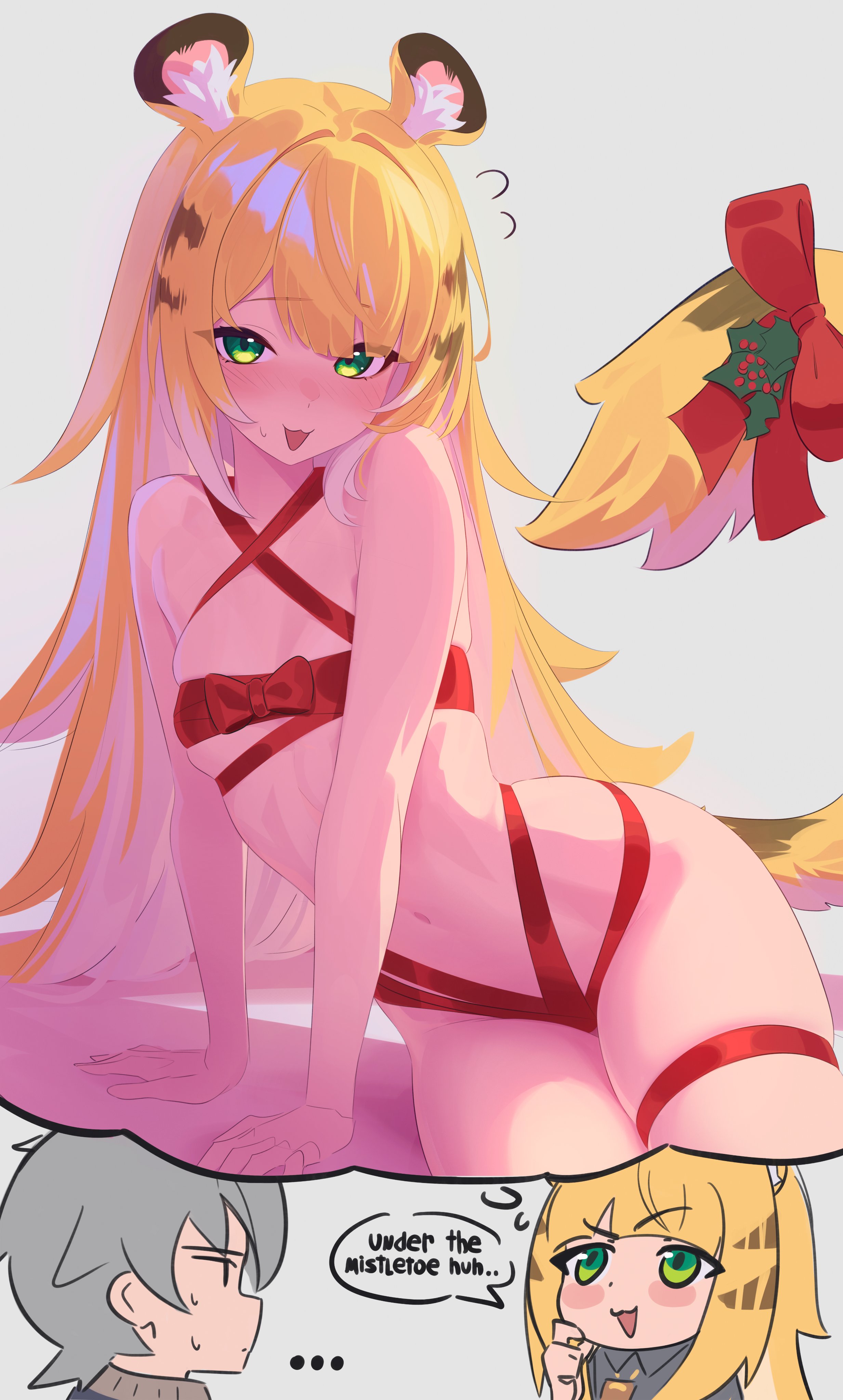 1boy, 1girls, absurdres, animal ears, anonds31, bare shoulders, blonde hair, blush, bondage, bound, breasts, christmas, collared shirt, colored inner hair, commentary, english commentary, english text, female, green eyes, grey hair, grey shirt, highres, ju fufu, long hair, looking at viewer, multicolored hair, naked ribbon, navel, open mouth, red ribbon, ribbon, ribbon bondage, shirt, short hair, small breasts, smile, speech bubble, striped hair, tail, thighs, thought bubble, tiger ears, tiger girl, tiger tail, white hair, wise (zenless zone zero), zenless zone zero
