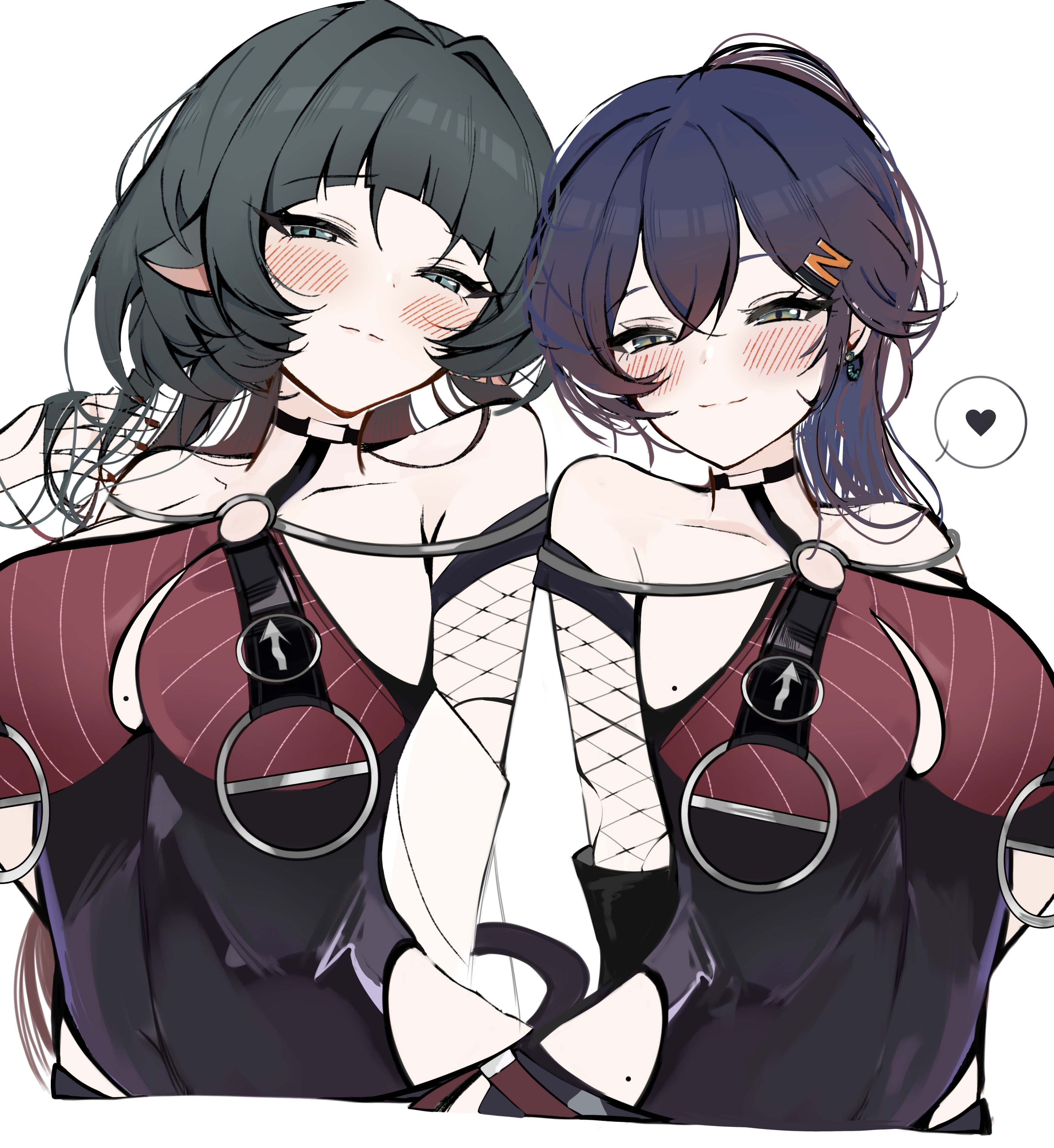 2girls, absurdres, alternate hairstyle, animal ears, bare shoulders, belle (zenless zone zero), black hair, black one-piece swimsuit, blue hair, blush, breasts, commentary request, cosplay, female, female only, fishnet sleeves, fishnets, hair ornament, hayato hoshi604, heart, highres, jane doe (nocturne of light) (zenless zone zero), jane doe (zenless zone zero), jane doe (zenless zone zero) (cosplay), large breasts, letter hair ornament, long hair, looking at viewer, medium hair, mouse ears, mouse girl, multicolored hair, multiple girls, official alternate costume, one-piece swimsuit, ponytail, red hair, simple background, smile, spoken heart, swimsuit, two-tone hair, very long hair, white background, zenless zone zero