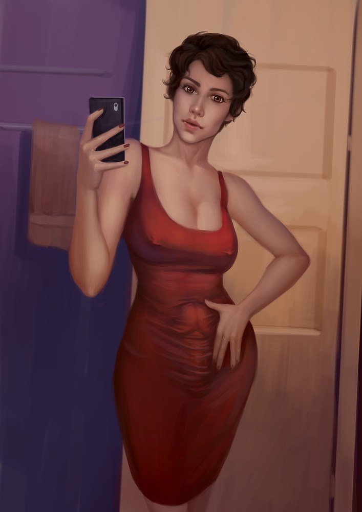 1futa bathroom big_breasts brown_hair bulge cocktail_dress dress erect_nipple erect_nipples_under_clothes erection erection_under_clothes futa_only futanari intersex luccass nipples penis_under_clothes phone red_nails selfie short_hair solo_futa voluptuous