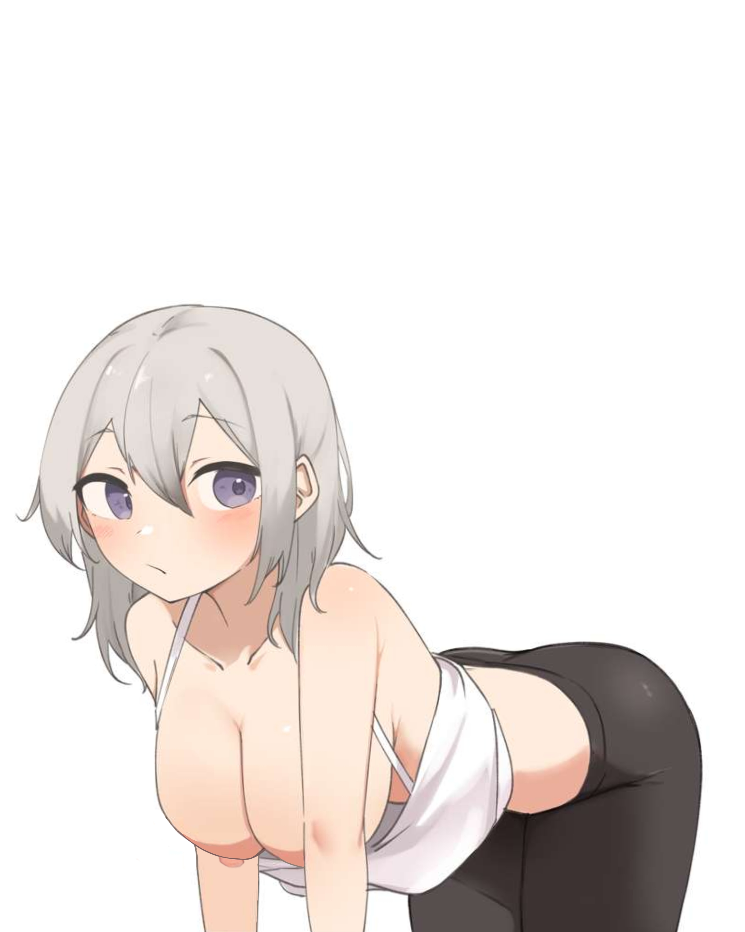 big breasts, daebom, kv-2, kv-2 (daebom), lowered bra, short hair, war thunder, white background, white hair