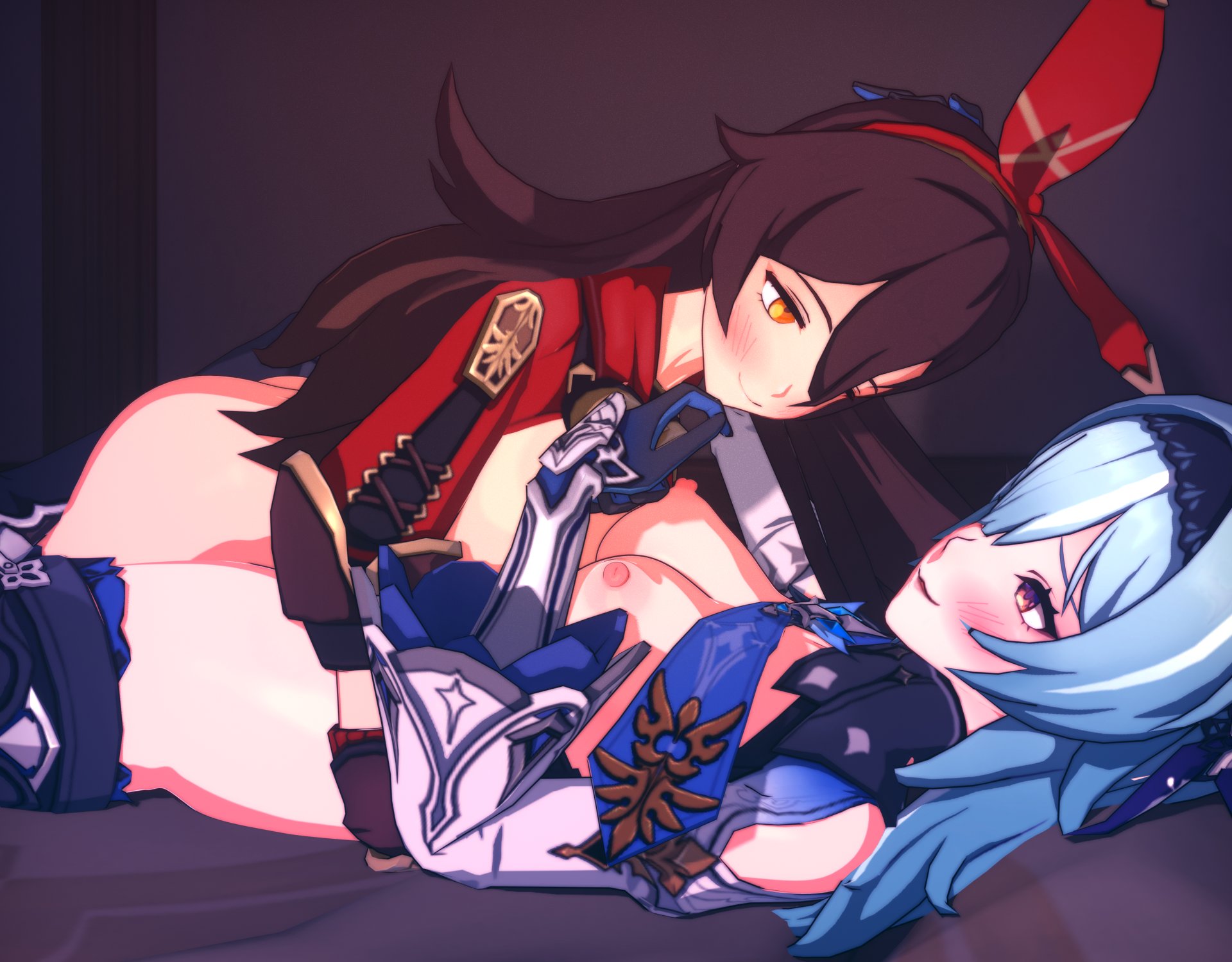 1futa, 2girls, 3d, amber (genshin impact), big breasts, blender (software), blue hair, blush, bunny ears, eula (genshin impact), exposed breasts, exposed nipples, futa with female, futanari, genshin impact, glasses, hand on head, holding chin, hoyoverse, hugging, implied futa, implied penetration, implied sex, long hair, mihoyo, nipples, on top, partially clothed, partially nude, passengerlamp, pillow, submissive, thighhighs, thighs, tie, vaginal penetration