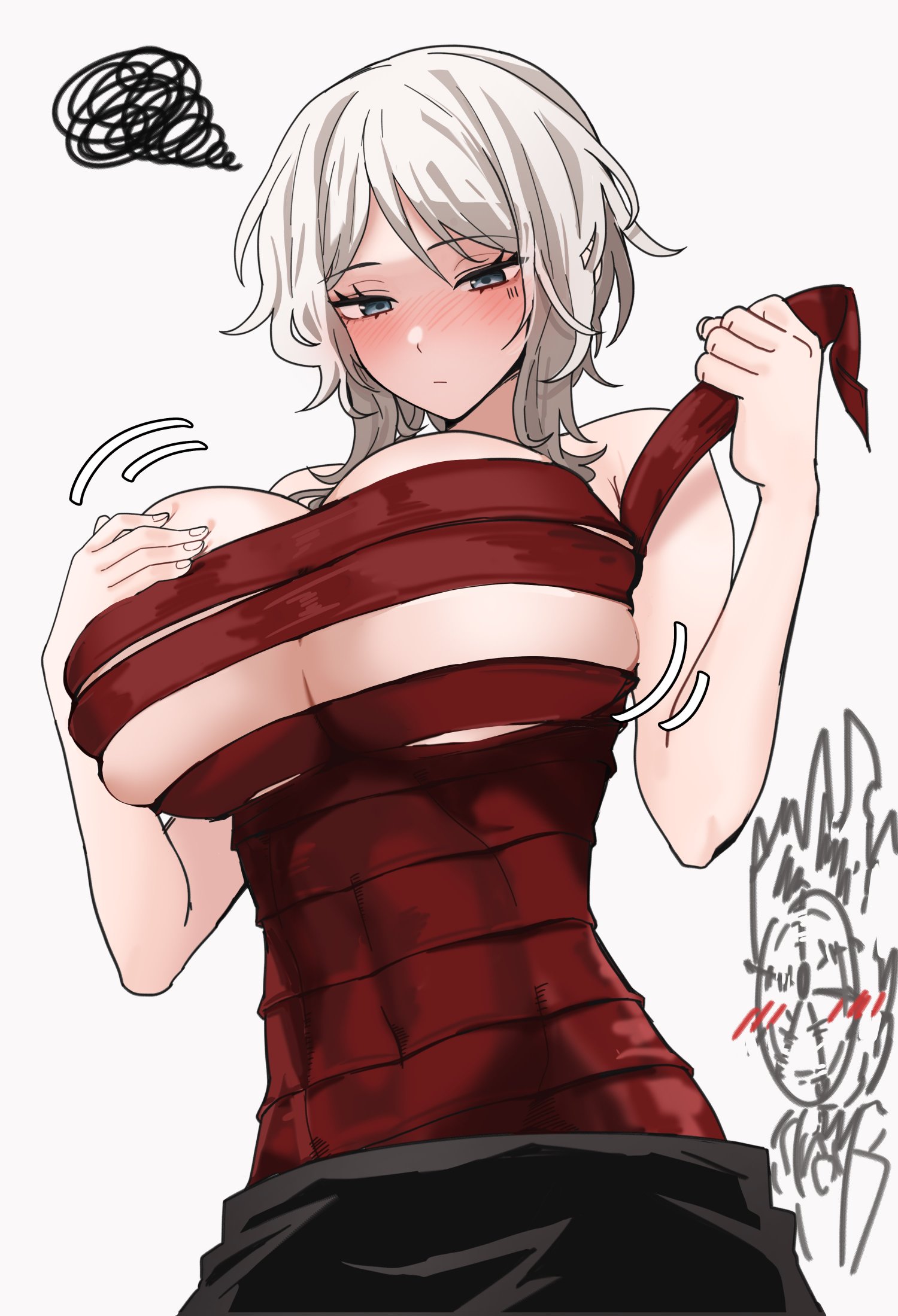 1girls, 1other, ambiguous gender, aroused, aroused face, big breasts, blue eyes, blush, blushing, breasts, dante (limbus company), embarrassed, expressionless, eyelashes, faust (limbus company), grabbing, grabbing own breast, limbus company, medium hair, midriff, object head, pale skin, pale-skinned female, partially clothed, project moon, roan  green, sarashi, seoseoyang, simple background, white background, white hair