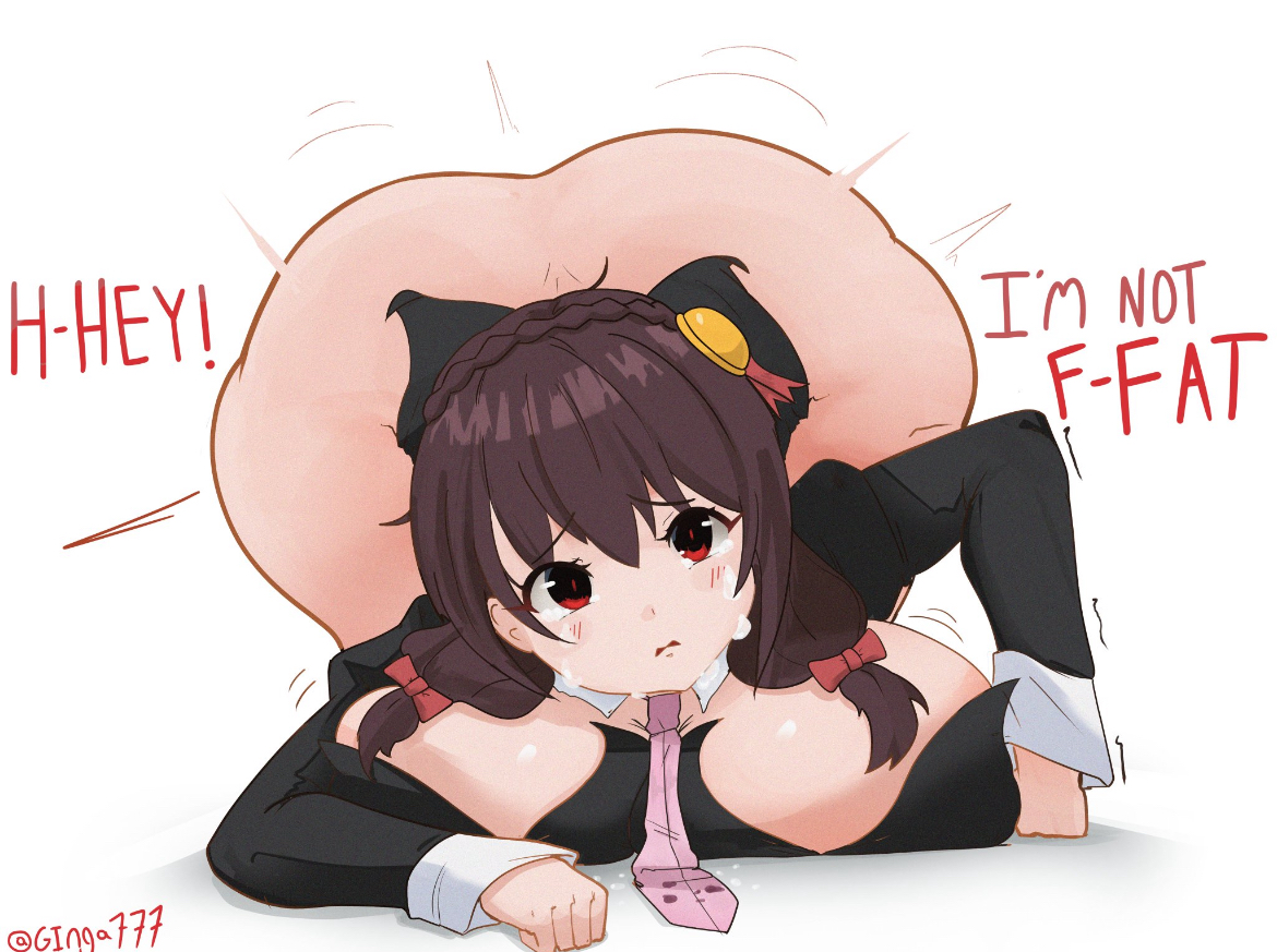 ass bigger than head, ass body, ass in air, big ass, big breasts, breasts, breasts bigger than head, breasts pressed against floor, brown hair, busty, busty female, cleavage, cleavage overflow, crying, crying with eyes open, cute, cute face, fat, fat ass, female, female focus, female only, front facing with ass, ginga777, kono subarashii sekai ni shukufuku wo!, konosuba, oppai, pale-skinned female, red eyes, sexy, sexy body, solo, solo female, solo focus, thick ass, twintails, yunyun (konosuba)