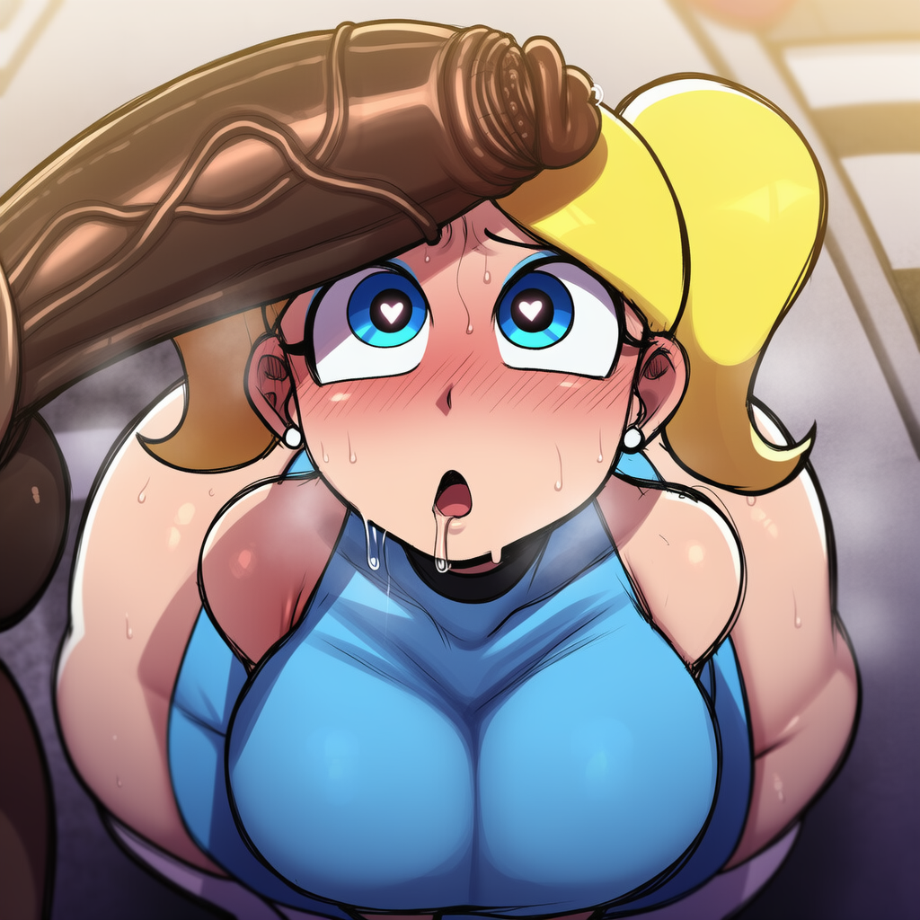 1boy, 1girls, ai, ai art, ai assisted, ai generated, ai-created, bubble butt, bubbles (powerpuff girls), dark-skinned male, drooling, heart-shaped pupils, highdeadout, huge, huge ass, huge breasts, interracial, penis, penis on faces, powerpuff girls