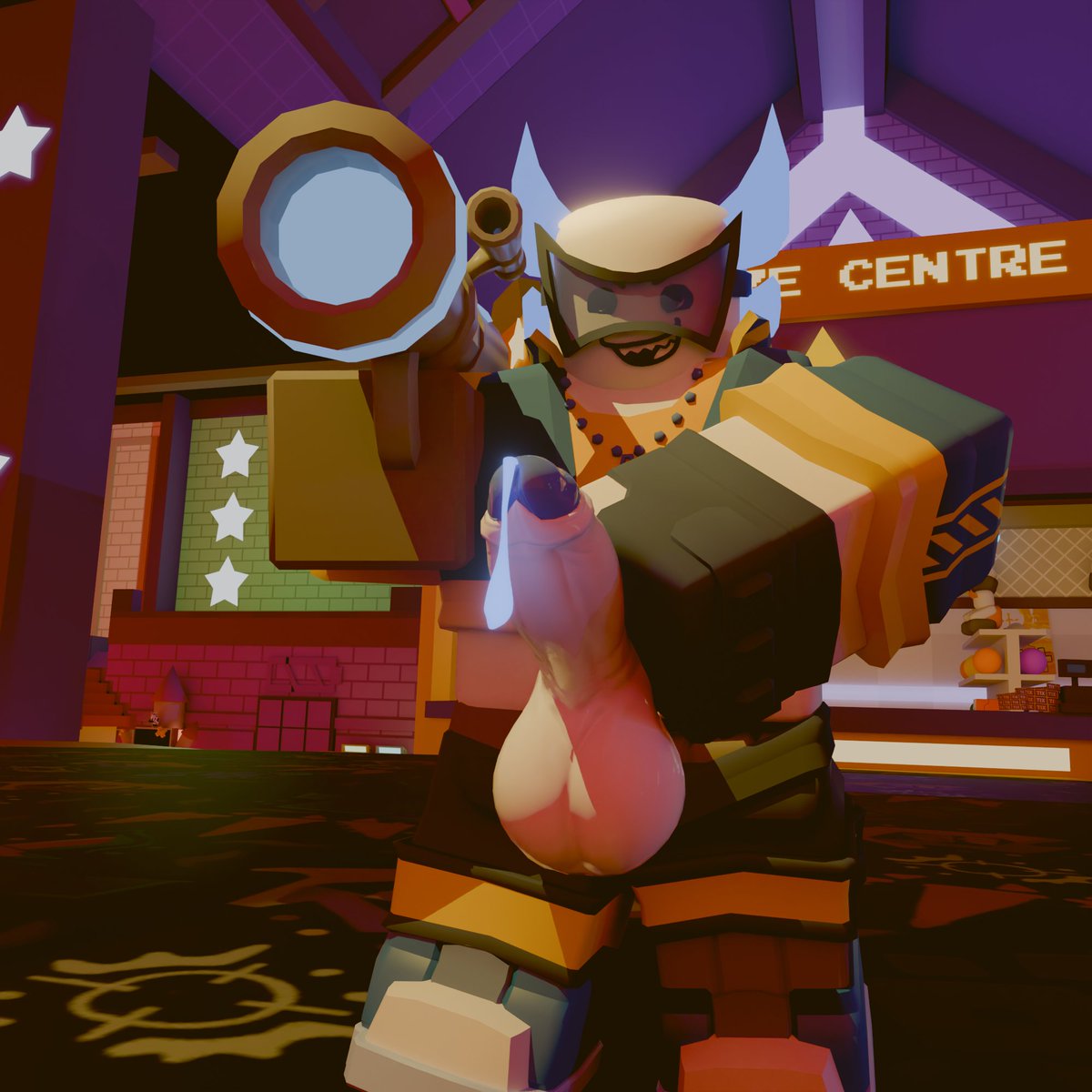 1boy, 3d, balls, big penis, colored cum, cum, cum drip, glowing cum, goggles, guestisbased, inphernal, penis, penis out, phighting, roblox, roblox game, robloxian, rocket (phighting), rocket launcher, skateisbased, tagme
