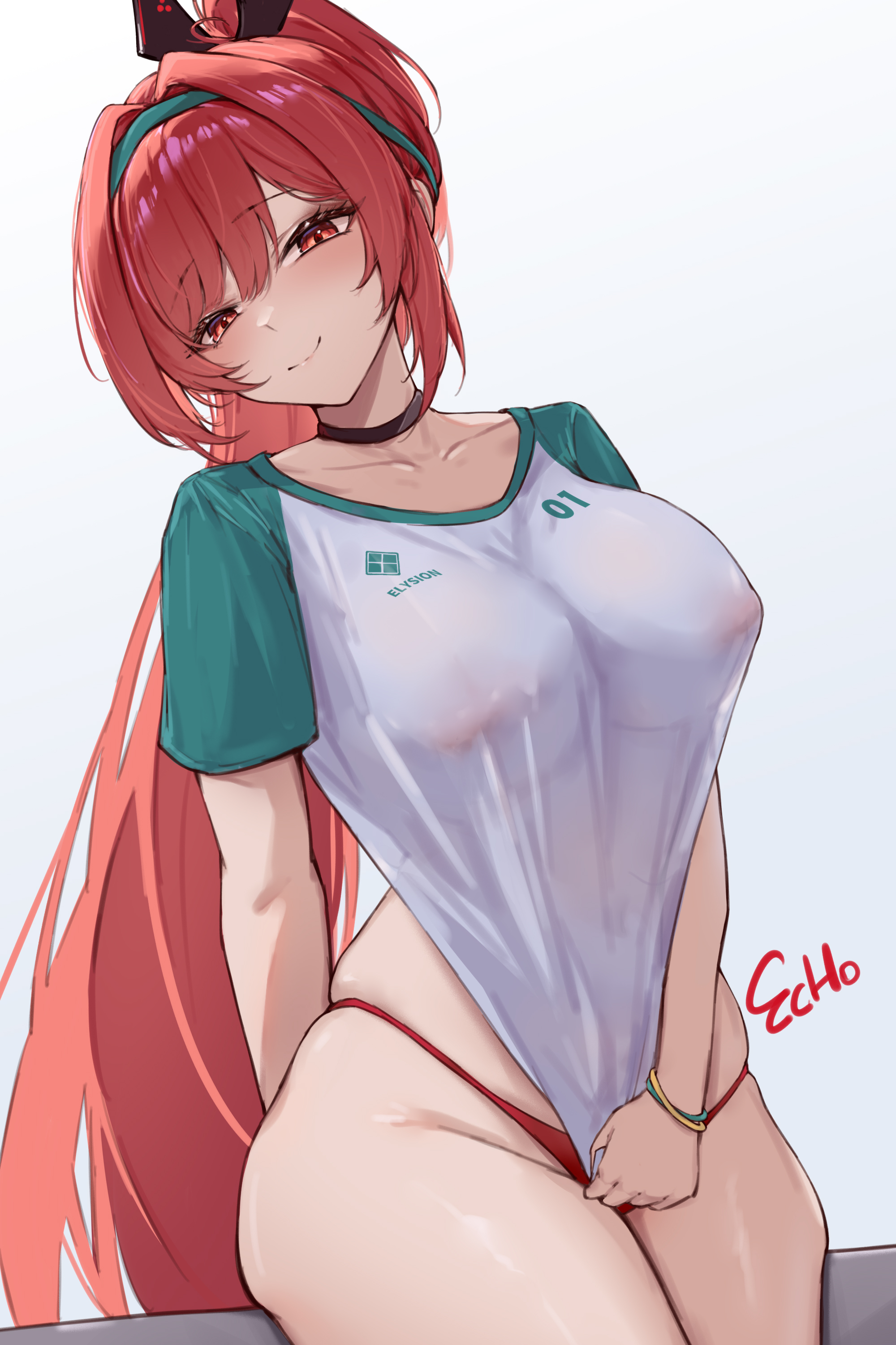 big ass, big thighs, bikini, bikini bottom, blush, blushing at viewer, e.c.ho, goddess of victory: nikke, nipple bulge, nipples visible through clothing, no bra, pulling shirt down, rapi (nikke), rapi (red hood) (nikke), rapi (red hood) (red flavor) (nikke), red eyes, red hair, skindentation, smiling at viewer, swimsuit, thick thighs, wet shirt