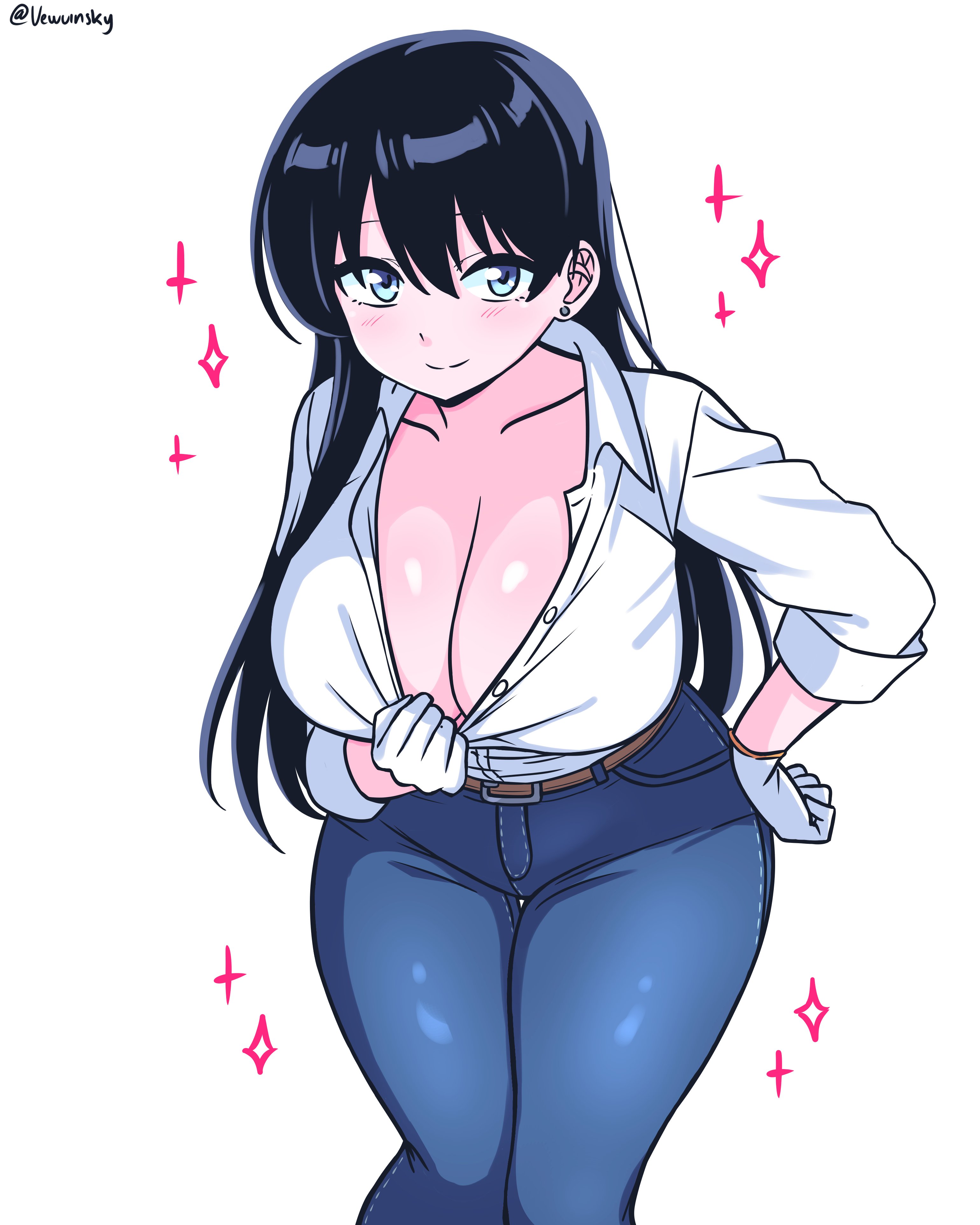 1girls, absurdres, arato nagi, artist name, big breasts, black hair, blue eyes, blue pants, breasts, cleavage, closed mouth, commentary, earrings, english commentary, female, female only, gloves, hand on own hip, highres, jewelry, large breasts, light blush, long hair, looking at viewer, pants, ruri no houseki, shirt, smile, solo, sparkle, stud earrings, twitter username, vewuinsky, white gloves, white shirt