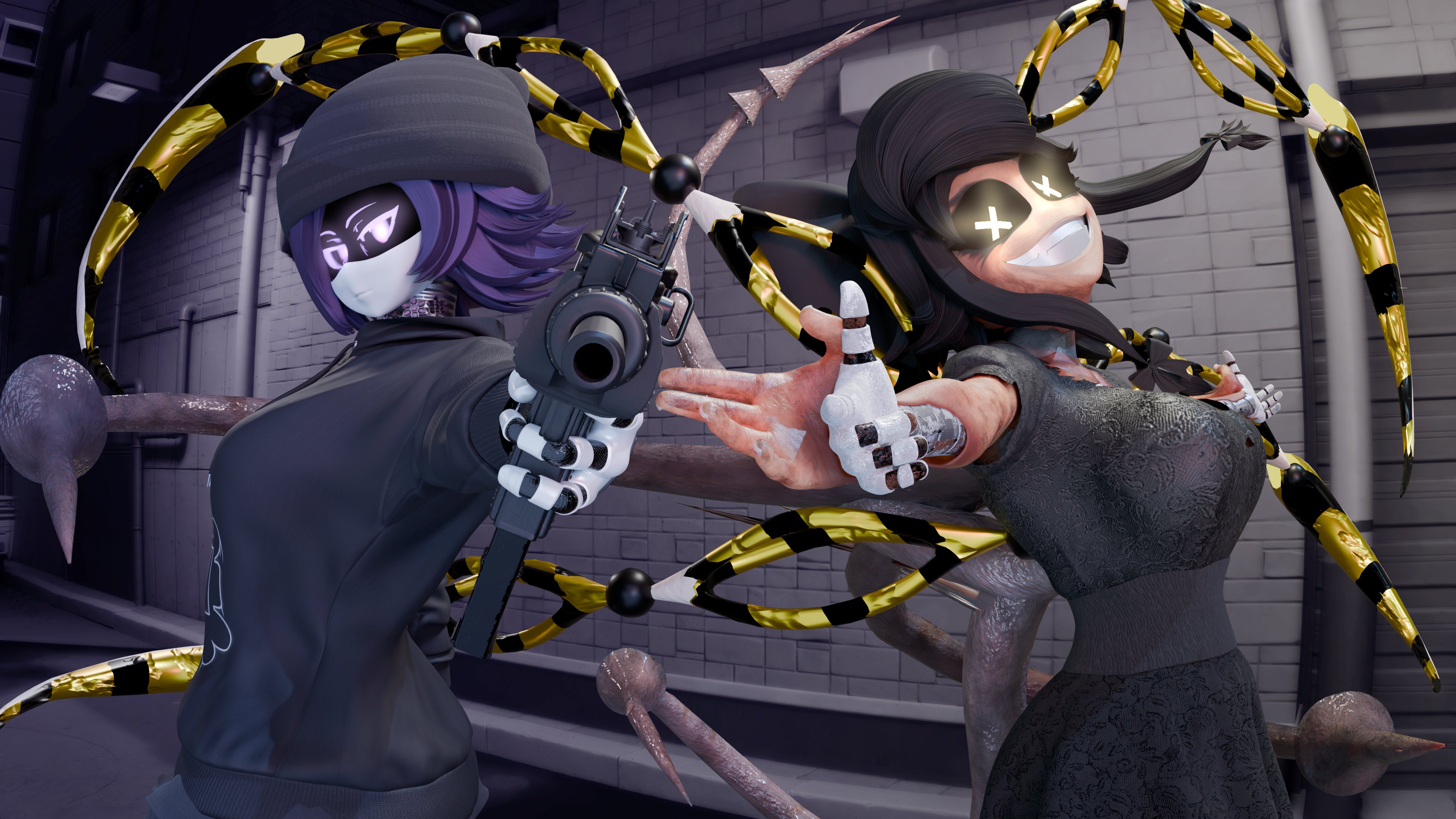2girls, breasts, bysamzan, clothed, cyn (bysamzan), cyn (murder drones), cyntessa (murder drones), female, female only, glitch productions, murder drones, uzi (bysamzan), uzi (murder drones), uzi doorman