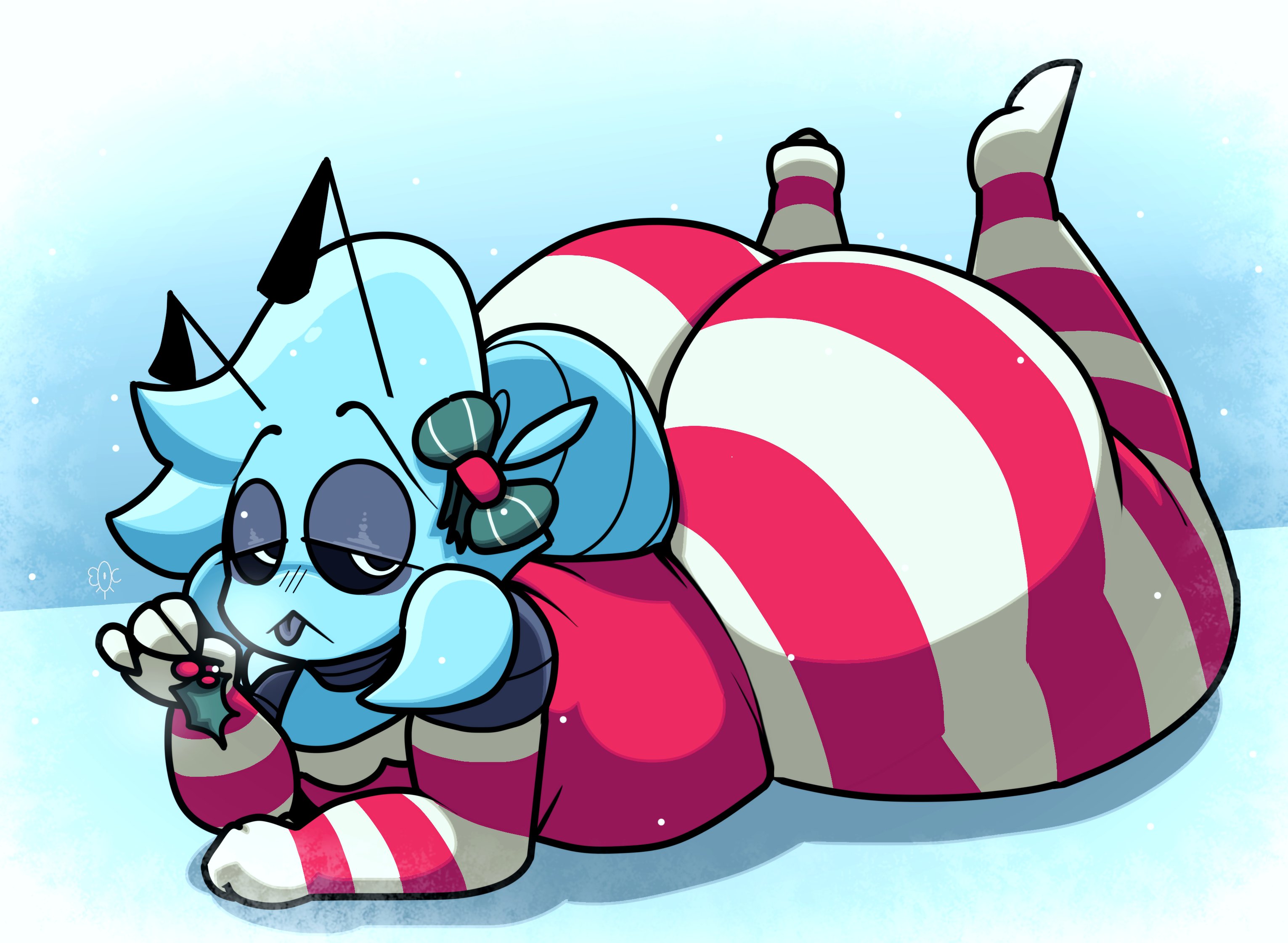 1boy, adorable, ant, ant boy, ant humanoid, anthro, anthro only, arm warmers, arthropod, big butt, big butt (male), bow in hair, checkers (eocvevo), christmas, cute, eocvevo, femboy, gay, gay male, laying down, laying on stomach, leggings, lewdyant, male, male only, mistletoe, red shirt, stubble, tongue out, unamused