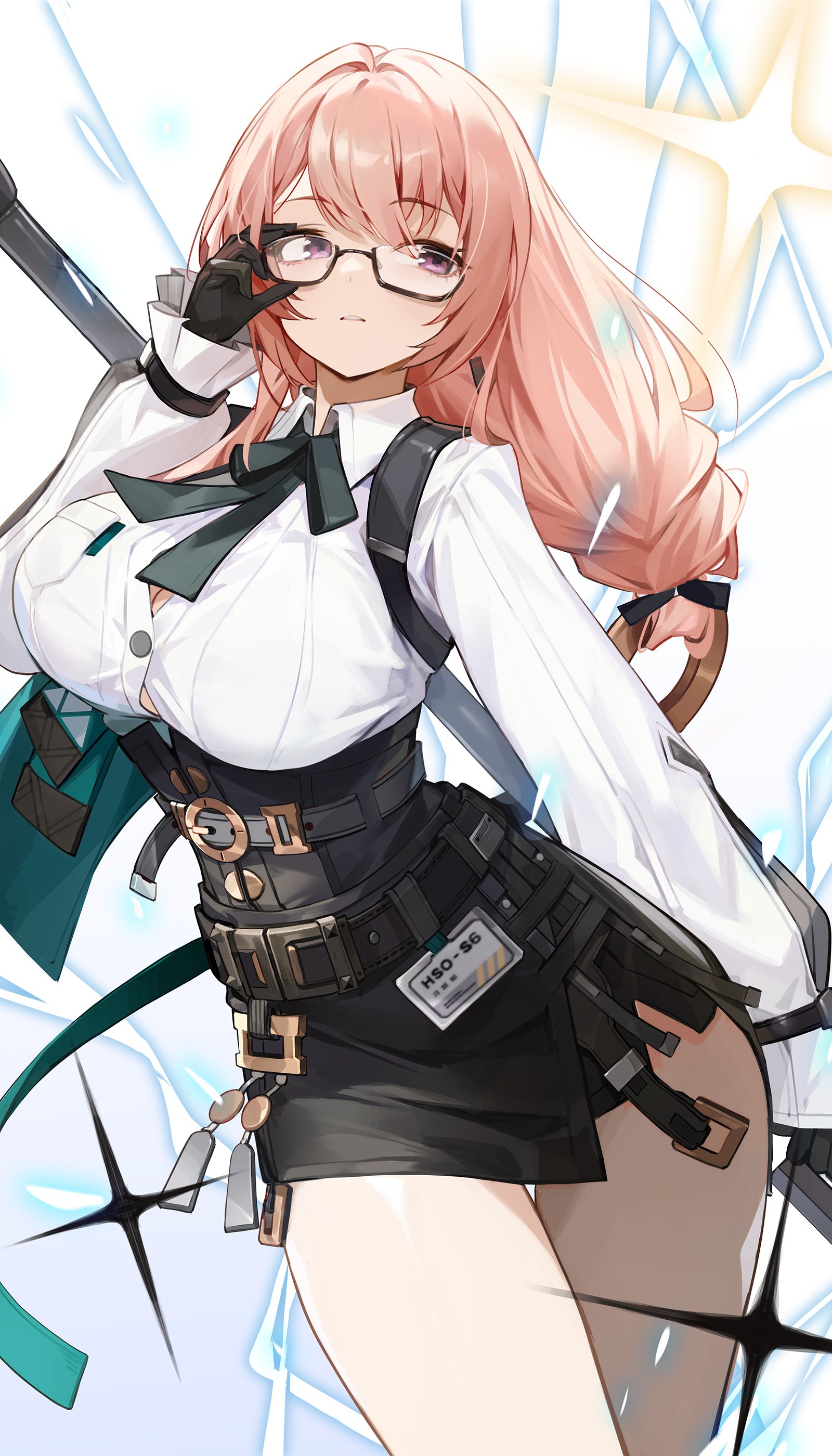 1girls, 2026, 2d, 2d (artwork), absurdres, adjusting eyewear, big breasts, black gloves, black skirt, breasts, clothed, clothed female, dress shirt, female, female only, glasses, gloves, goomrrat, hair between eyes, high-waist skirt, highres, human, human only, large breasts, long hair, looking to the side, naginata, parted lips, pink eyes, pink hair, polearm, sfw, shirt, sidelocks, skirt, solo, solo female, thighs, tsukishiro yanagi, uro tsuki (weapon), weapon, white shirt, zenless zone zero