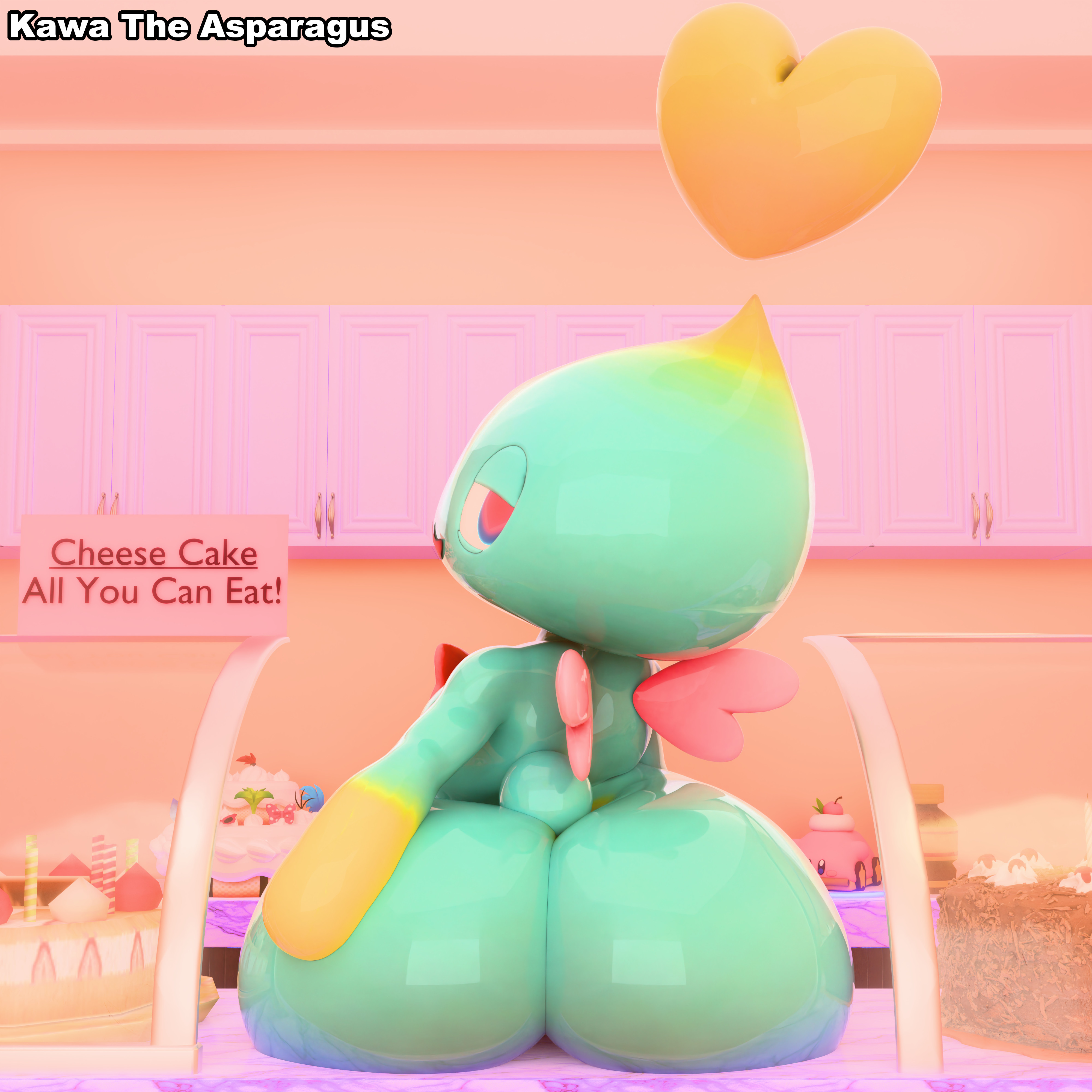 1:1, 3d, 3d (artwork), absurd res, anthro, ass, back wings, bakery, big butt, blue body, blue eyes, bow tie, cake, car, chao (sonic), cheese the chao, clothing, dessert, digital media (artwork), english text, femboy, food, glistening, glistening body, hand on butt, heart eyes, heart symbol, hi res, huge butt, humanoid, inside, kawa the asparagus, kirby, kirby (series), looking at viewer, looking back, male, multicolored body, nintendo, nude, open mouth, sega, sitting, smile, solo, sonic (series), sonic the hedgehog (series), tail, text, vehicle, wings, yellow body