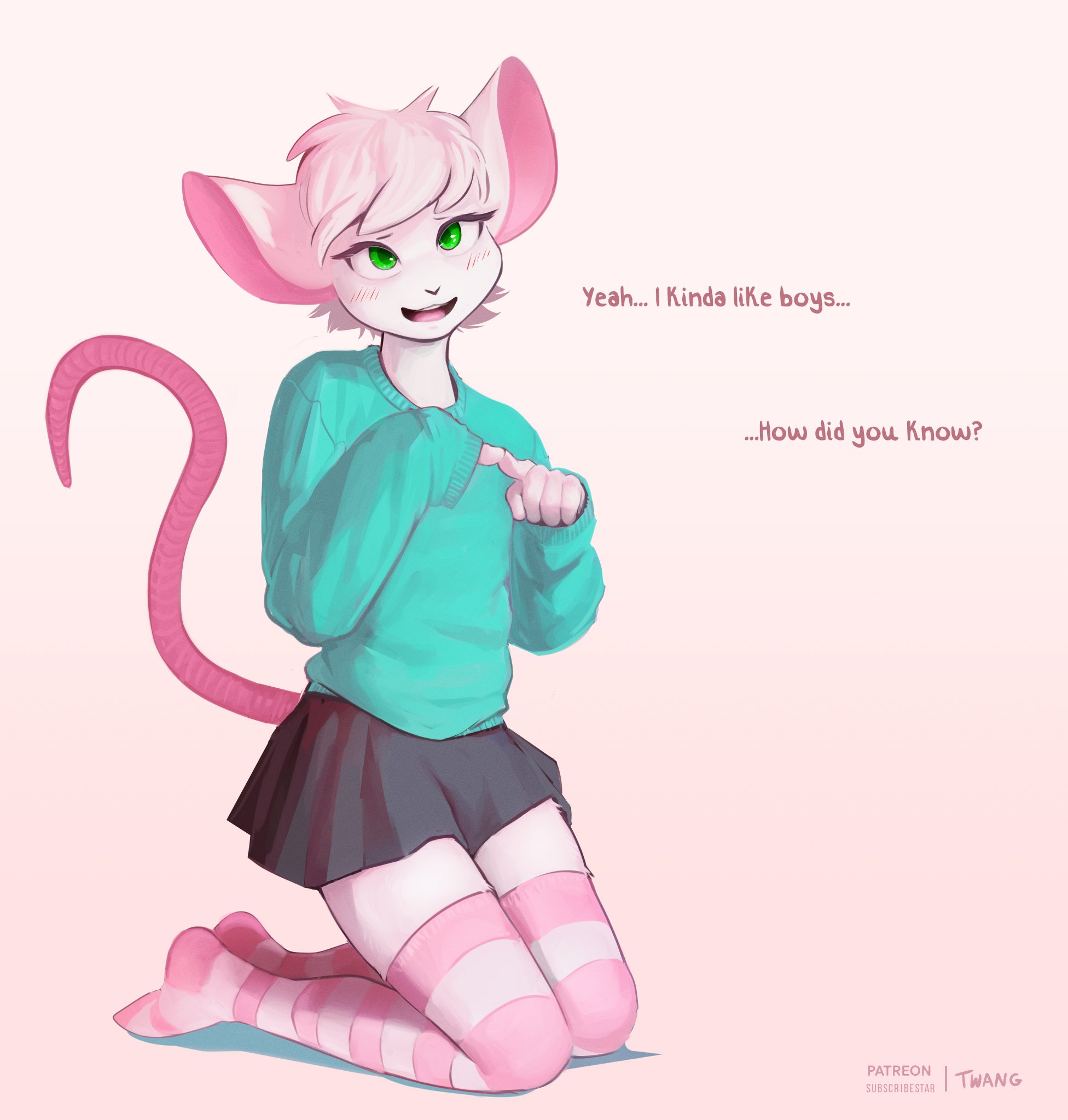 1boy, artist name, artist signature, blush, english text, femboy, furry, gay, green eyes, patreon, rat, reggie (whygena), sexy, sexy body, twang, white hair, yaoi