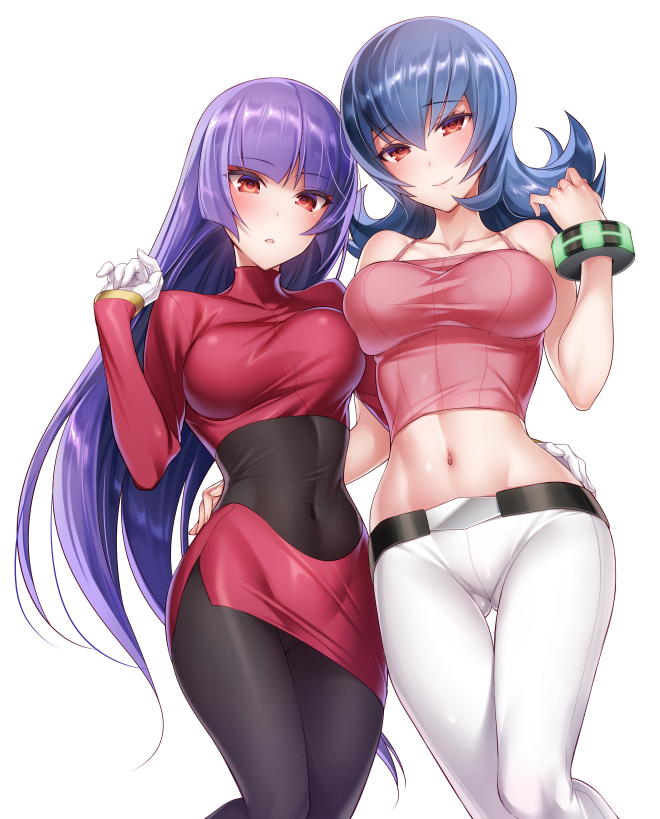 2girls akira_(natsumemo) alternate_breast_size bare_shoulders belt big_breasts bracelet breasts cleavage clothed covered_navel dual_persona eyelashes female female_only fully_clothed gloves gym_leader hand_on_hips hime_cut human large_breasts long_hair looking_at_viewer midriff multiple_girls navel nintendo open_mouth pants pokemon pokemon_frlg pokemon_hgss purple_hair red_eyes sabrina_(pokemon) sabrina_(pokemon_frlg) sabrina_(pokemon_hgss) see-through shirt skin_tight skirt smile standing tank_top thigh_gap tongue white_background